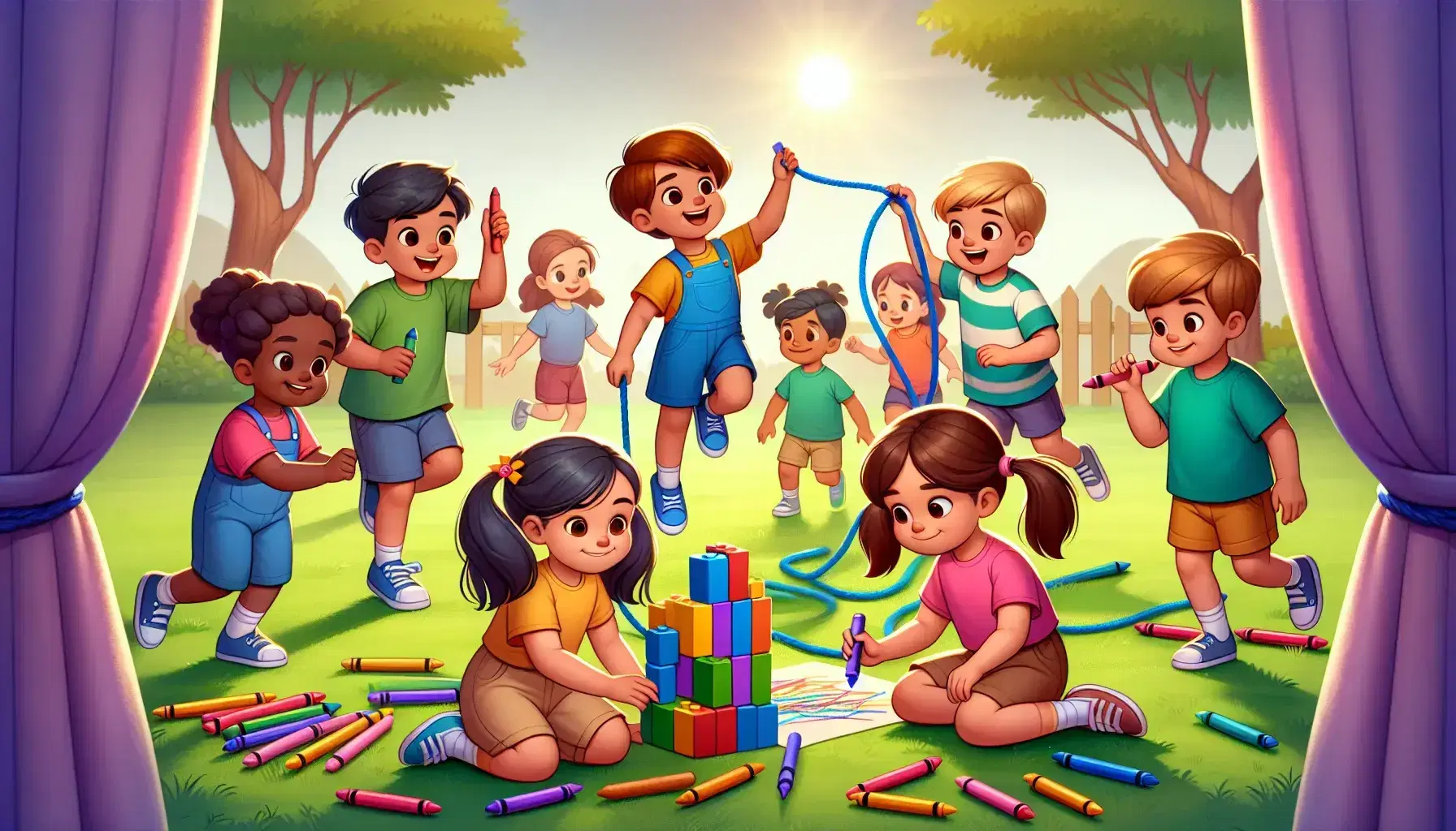Niños jugando en un parque soleado, uno construye con bloques de colores y otro dibuja, mientras otros saltan la cuerda y una familia disfruta de un picnic bajo un árbol.
