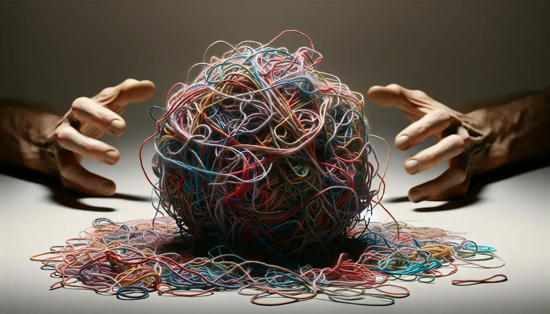 Close-up of a tangled ball of colorful threads with adult hands reaching out to untangle it, shades of red, blue, green, yellow and purple.