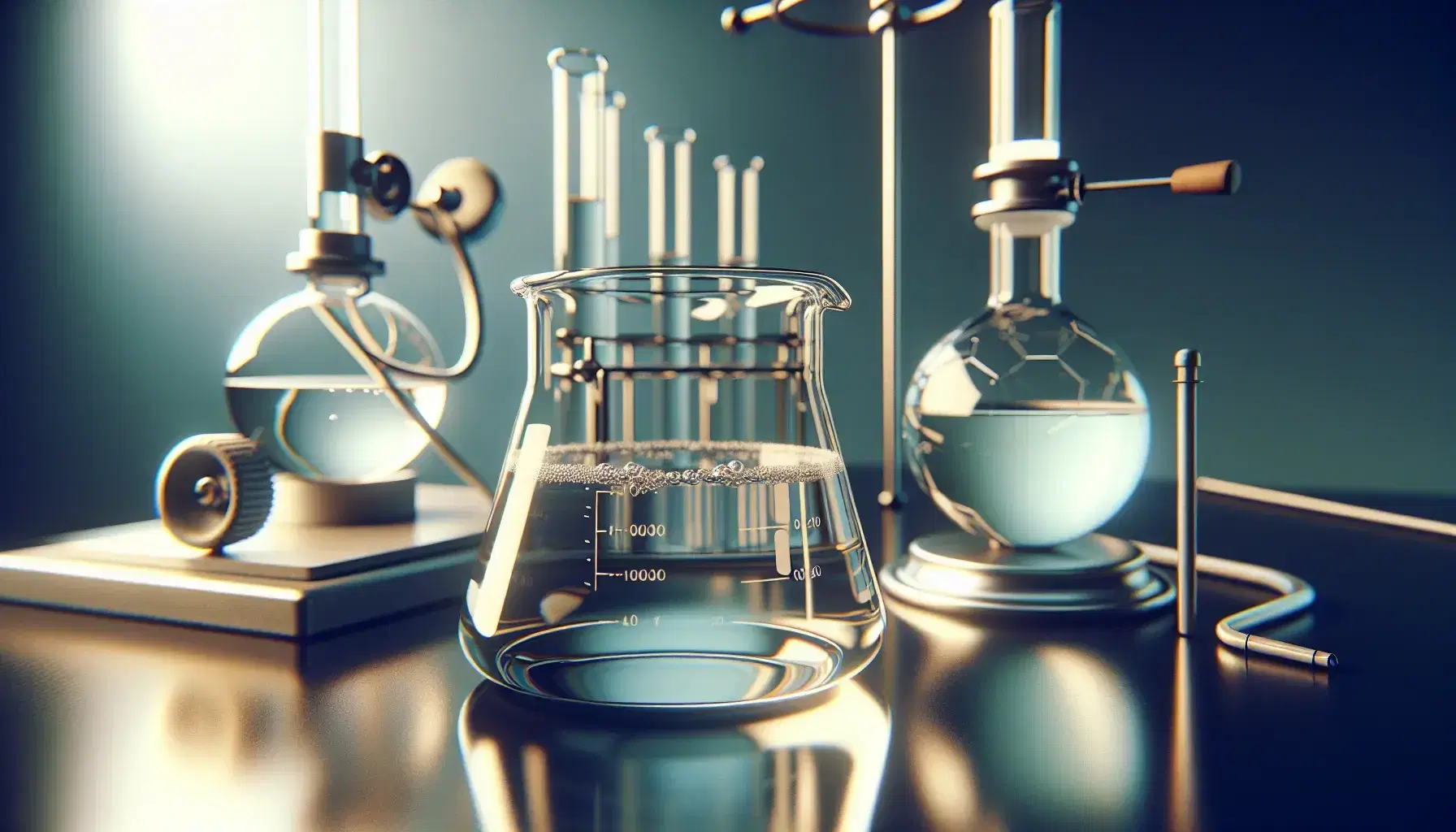 Laboratory setup with a beaker of clear liquid, round-bottom flask with blue solution, empty crucible on tripod, and unlit Bunsen burner.