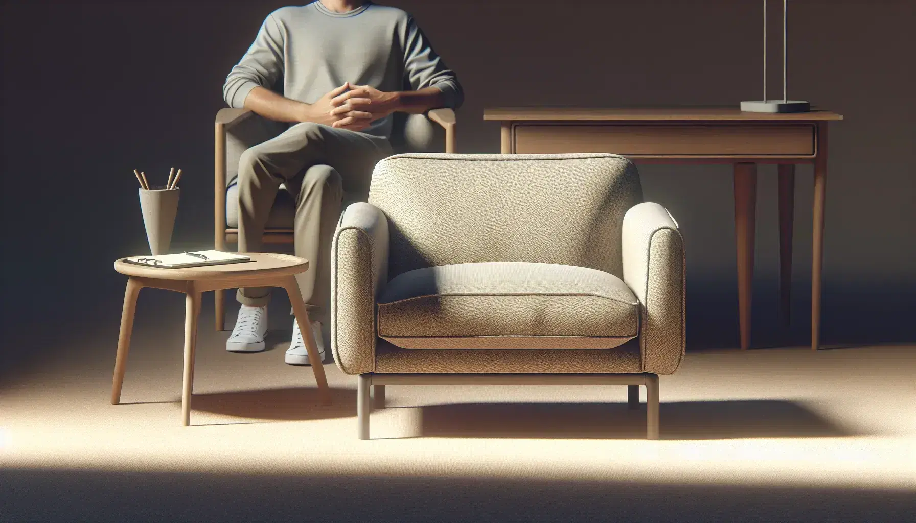Therapy session with two people, one relaxed in a beige armchair and the other attentive on a wooden chair, with notepad and pen on the table.