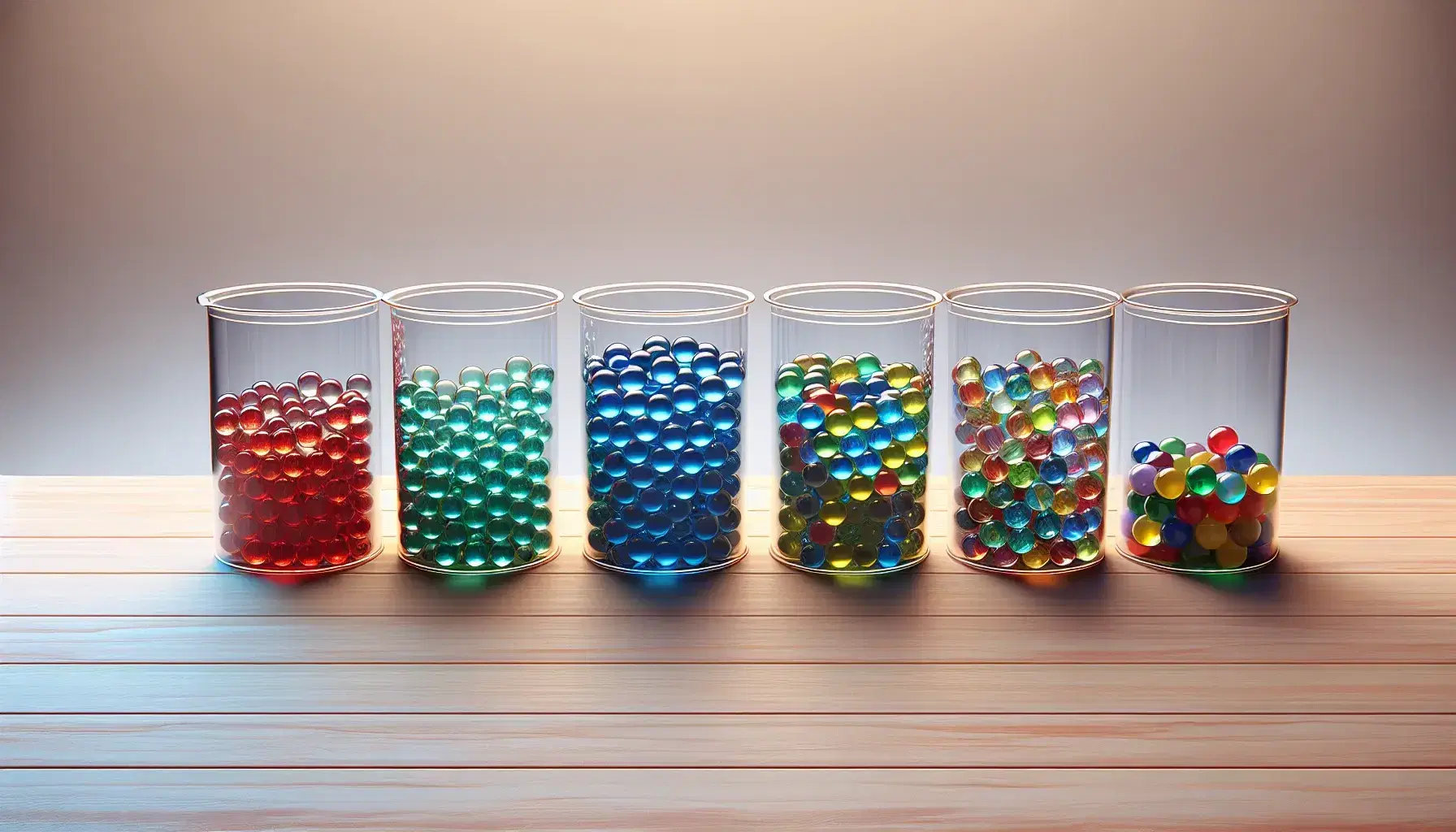 Five transparent buckets on a light wooden surface with colored marbles in red, blue, green, yellow and purple in ascending order of size.