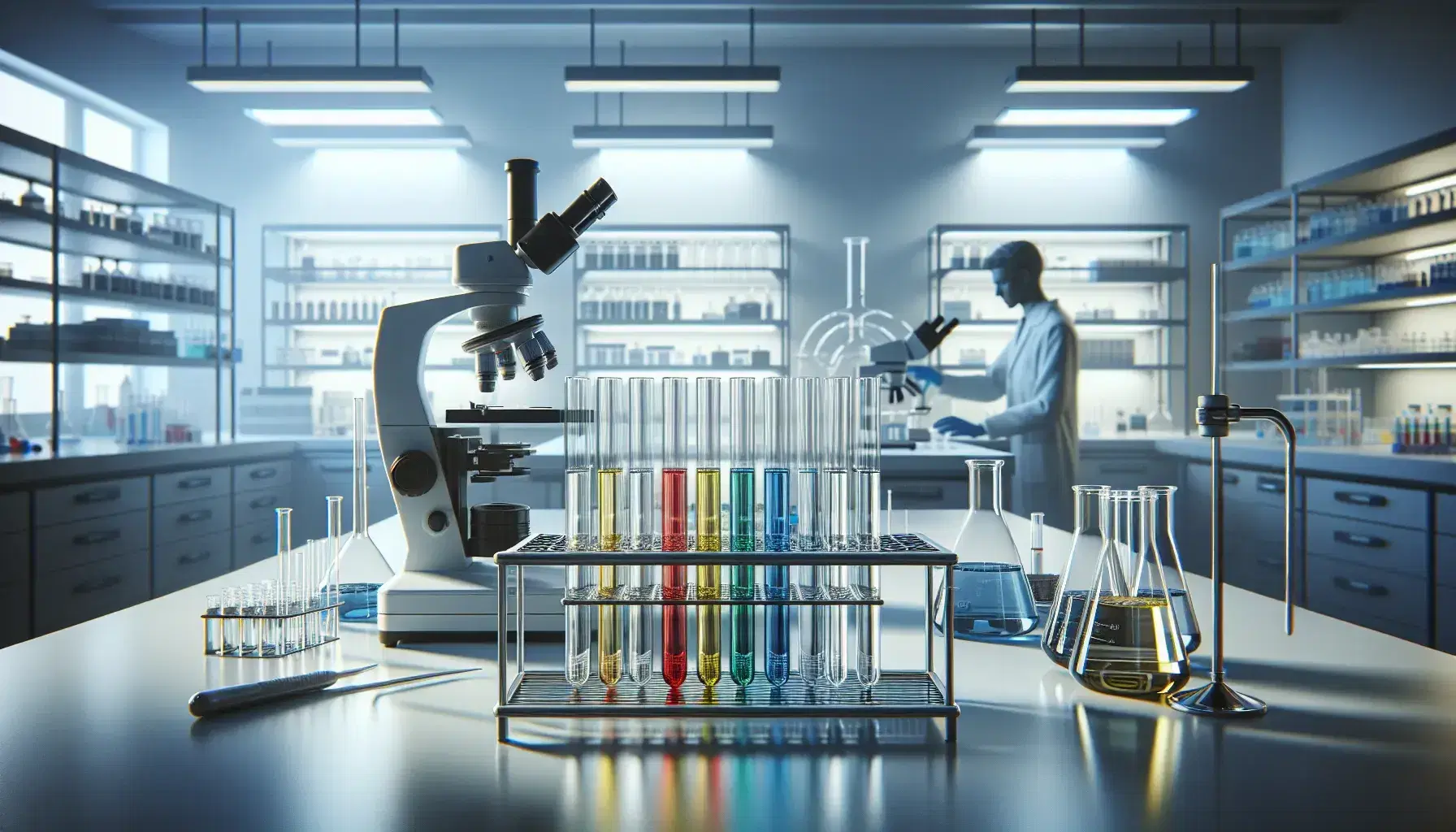 Laboratorio científico moderno con tubos de ensayo de colores en soporte metálico, microscopio y técnico trabajando al fondo.