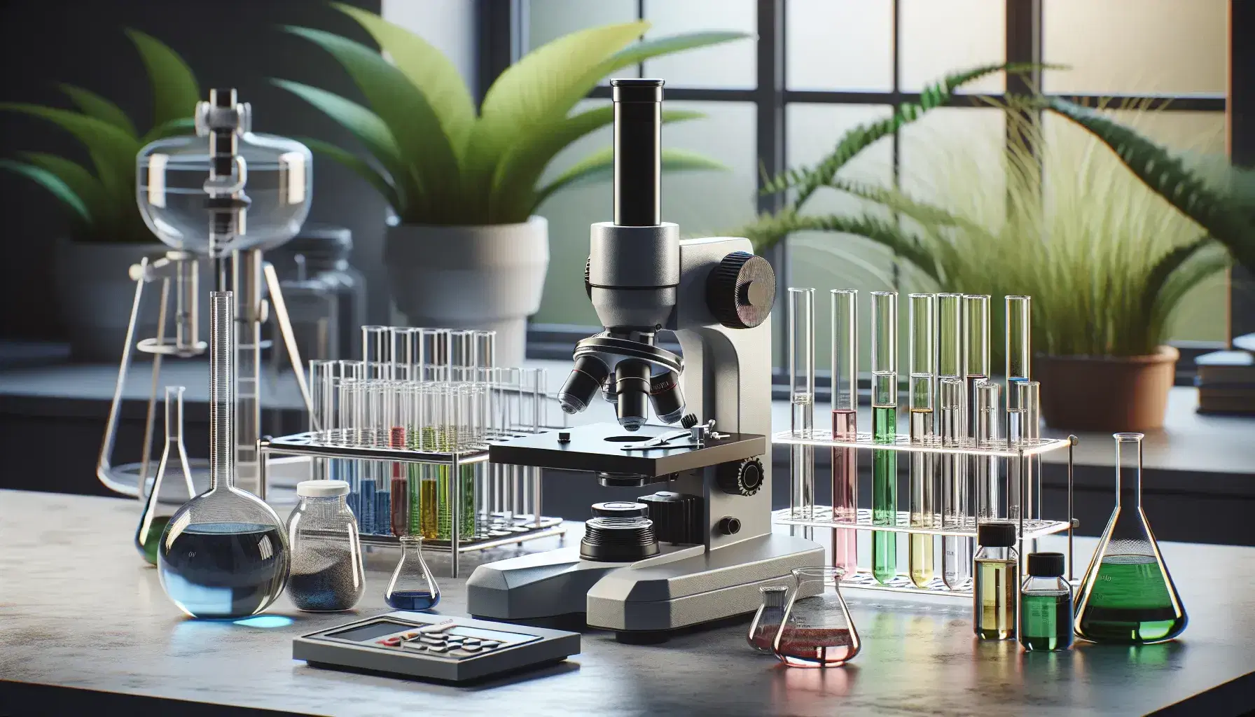 Microscopio compuesto en laboratorio de biología con tubos de ensayo de colores y planta verde, balanza analítica y frascos con químicos en fondo iluminado.
