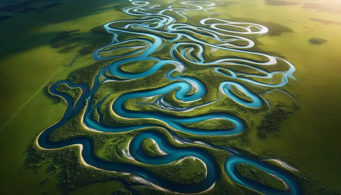 Fiume serpeggiante crea meandri naturali in paesaggio verde, con acque azzurre in contrasto e vegetazione variegata, senza presenza umana.