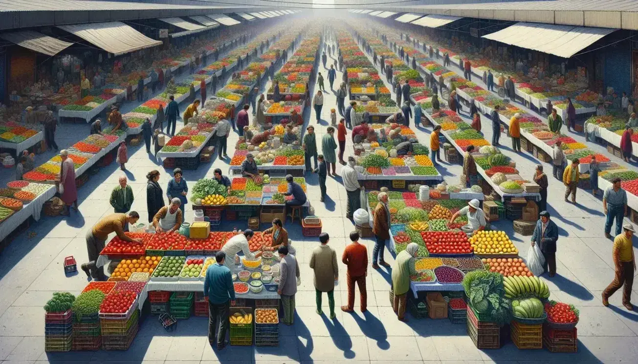 Mercado al aire libre concurrido con mesas de frutas y verduras frescas y clientes interactuando con vendedores en un día soleado.