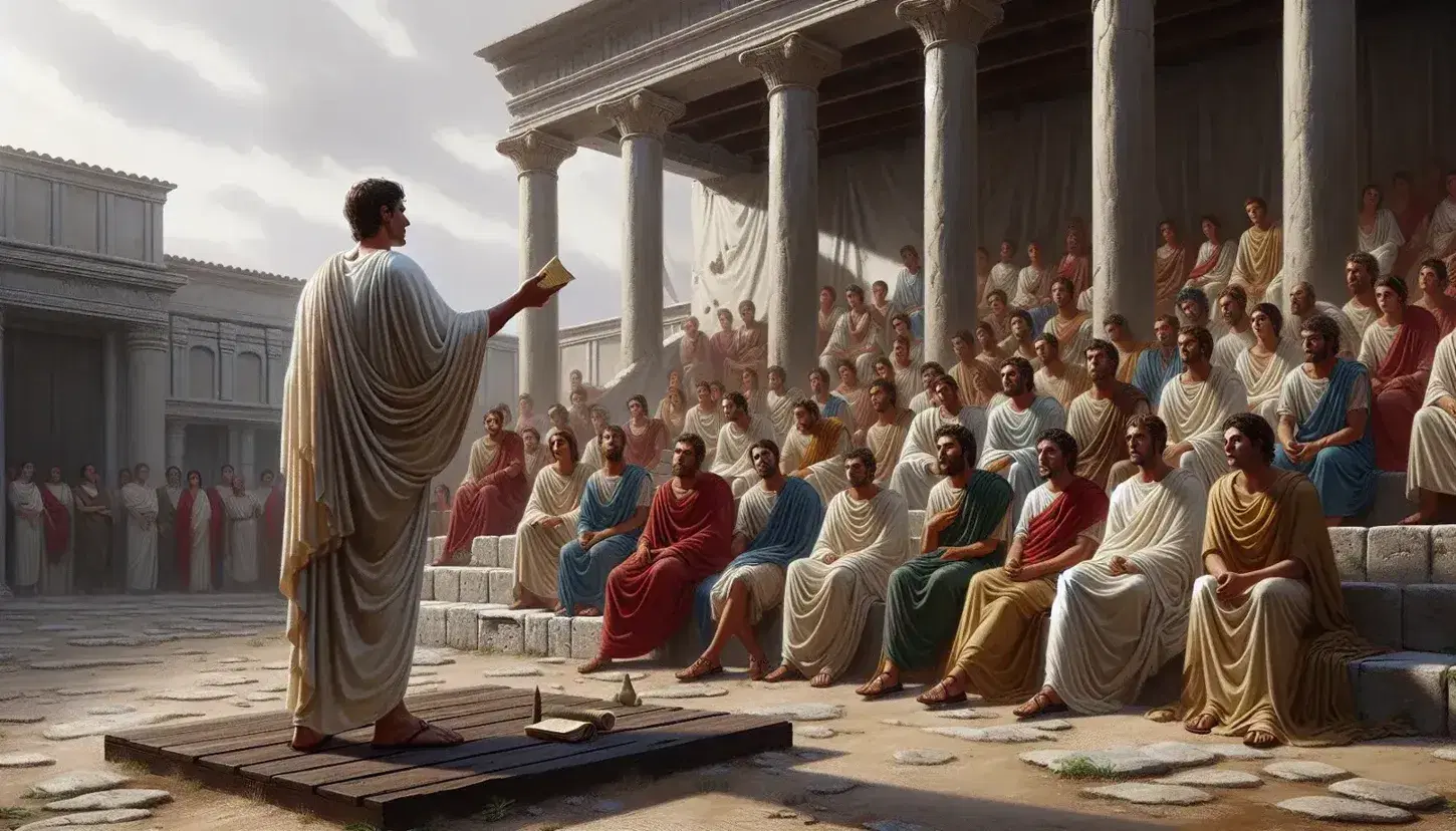 Oratore romano in toga avorio si esprime davanti ad un pubblico assortito, sotto colonne di pietra, in un'atmosfera antica.