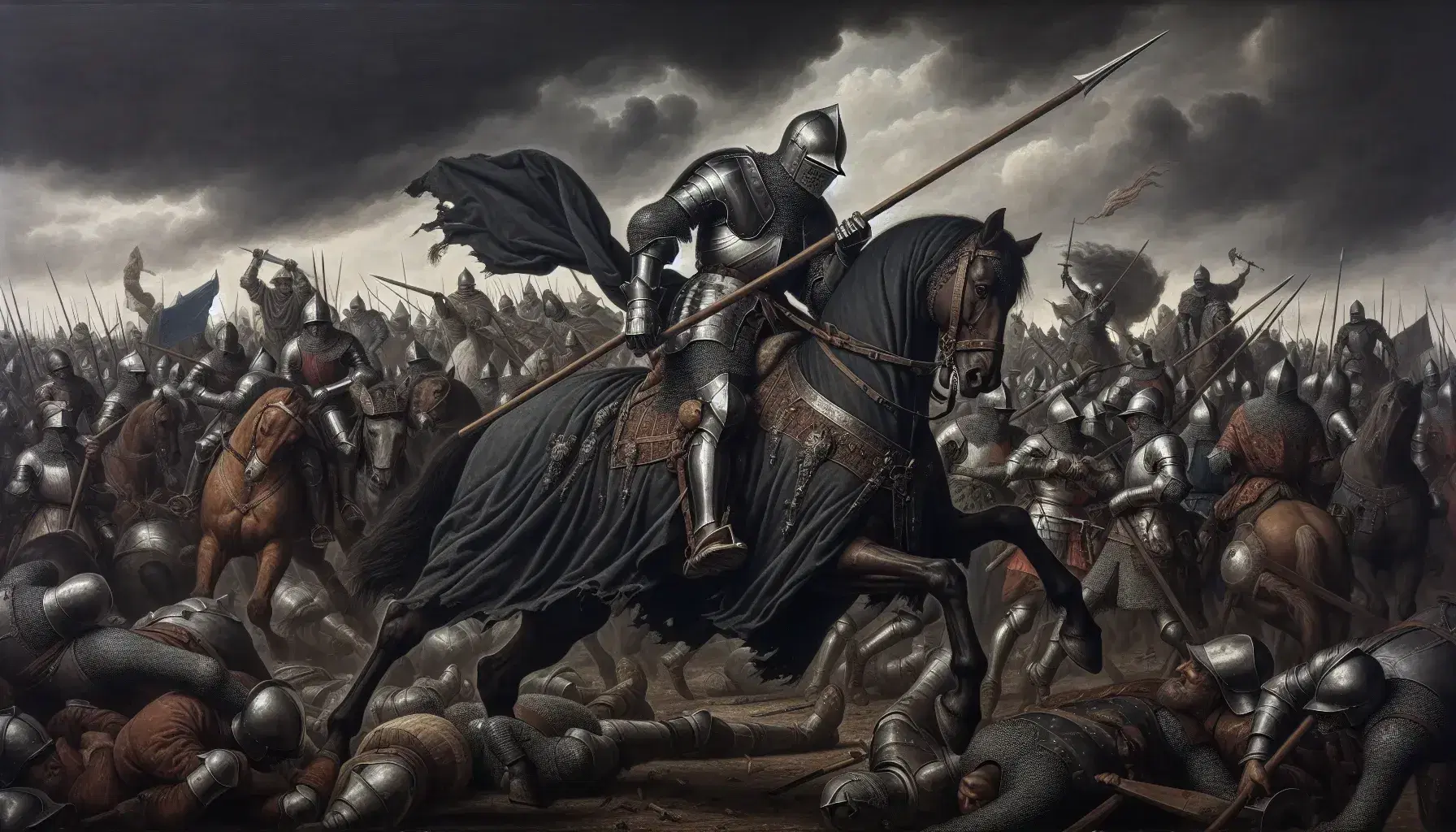 Cavaliere in armatura su cavallo marrone con lancia in battaglia medievale, soldati in sfondo sotto cielo tempestoso.