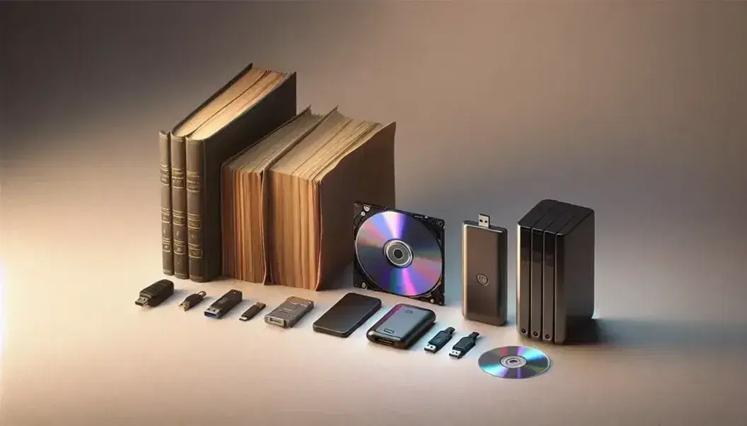 Evoluzione dispositivi di memorizzazione da fogli di carta e libro marrone a hard disk esterno, CD-ROM, chiavetta USB rossa e SSD nero.