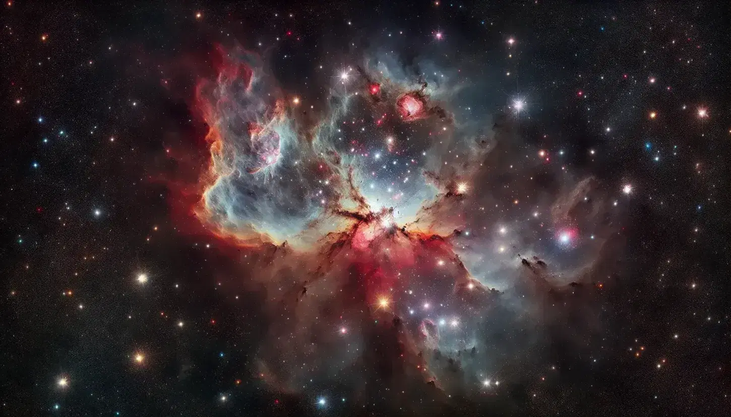 Nebulosa colorata con sfumature rosso-blu e ammasso stellare in cielo notturno stellato senza testo visibile.