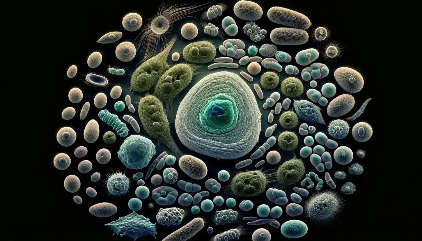 Vista microscópica de células eucariotas unicelulares del reino Protista, con una célula central ovalada y varias más pequeñas con flagelos y cilios, en un fondo negro.