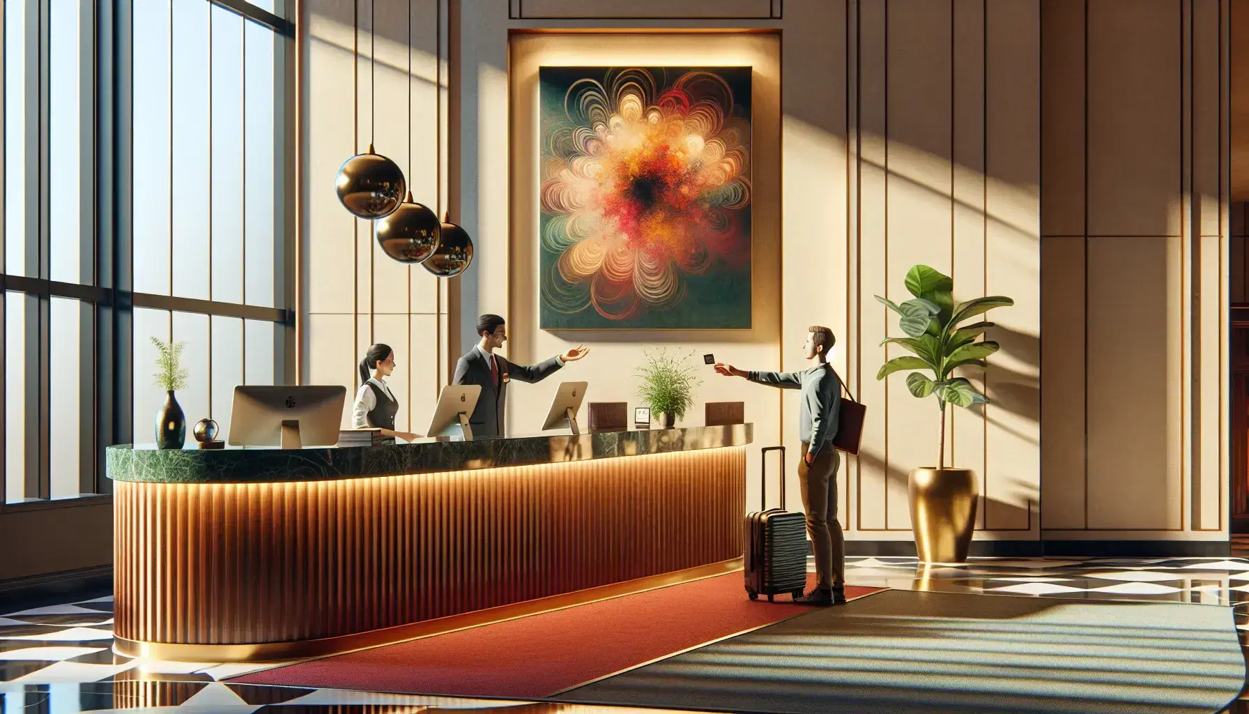 Hotel reception area with guest receiving key card from employee, polished wood desk, computer, potted plant, and bellhop cart with luggage.