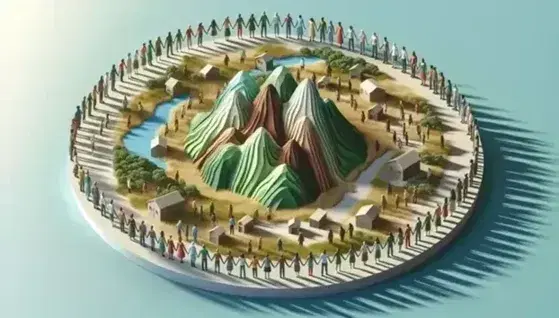 Grupo diverso de personas unidas de la mano alrededor de un modelo 3D de montañas y valles con miniaturas de casas, en un día soleado.