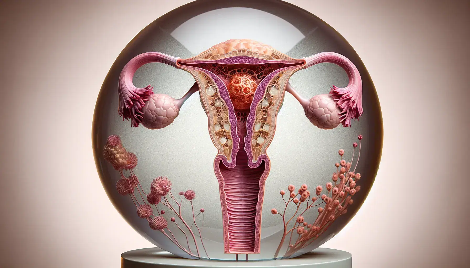 Modello anatomico dettagliato del sistema riproduttivo femminile con utero, ovaie e tube di Falloppio su sfondo neutro.