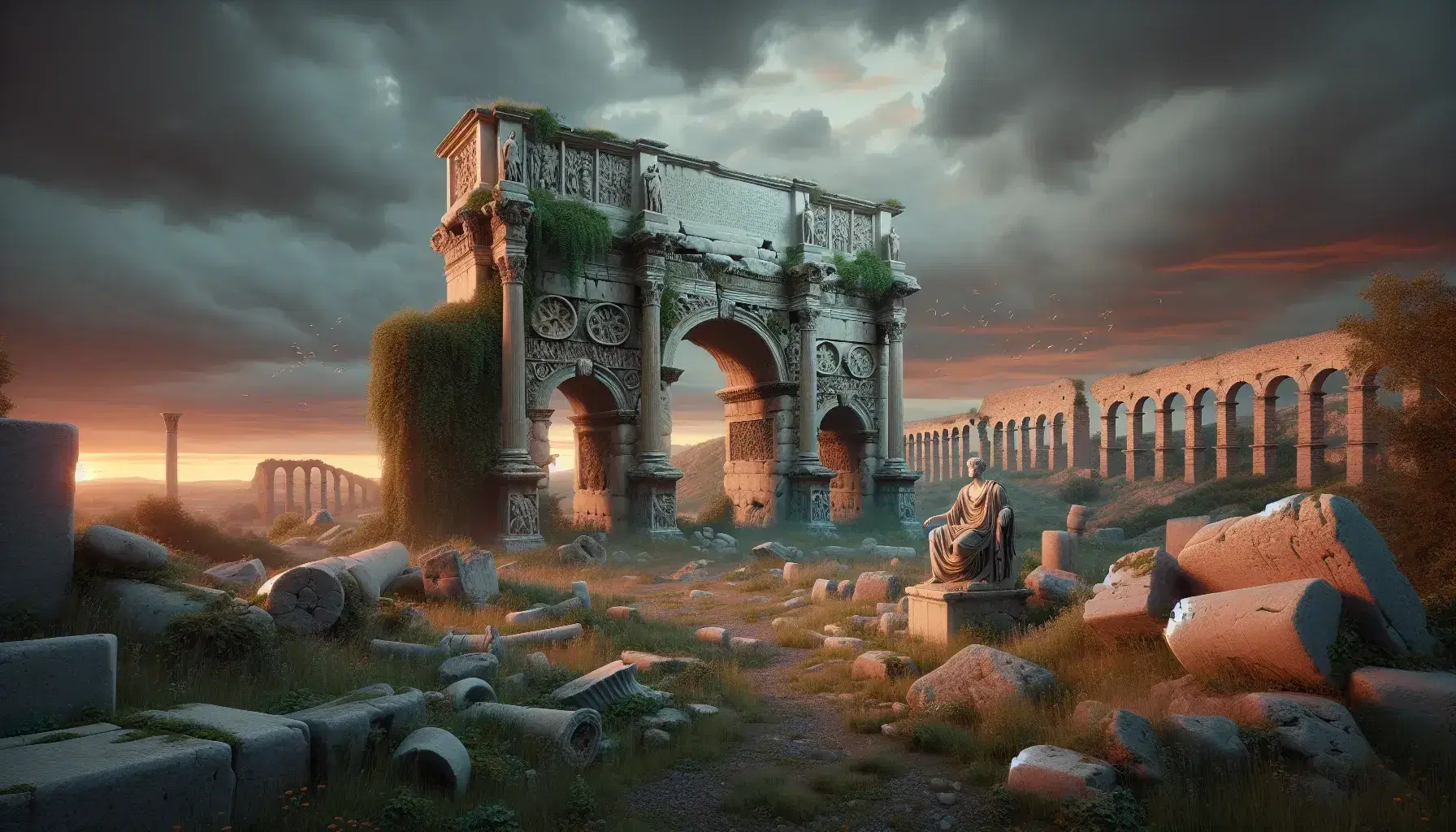 Rovine antiche con arco trionfale eroso e statua senza testa al tramonto, resti di acquedotto sullo sfondo e vegetazione.