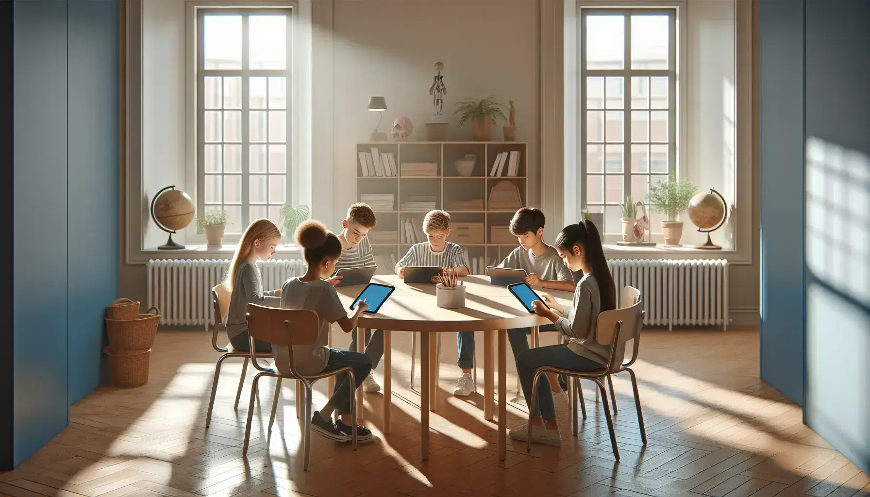 Aula moderna con luz natural, cuatro estudiantes diversos usando tabletas digitales en mesa redonda y educador explicando, sin libros ni papeles, ambiente de aprendizaje digital.