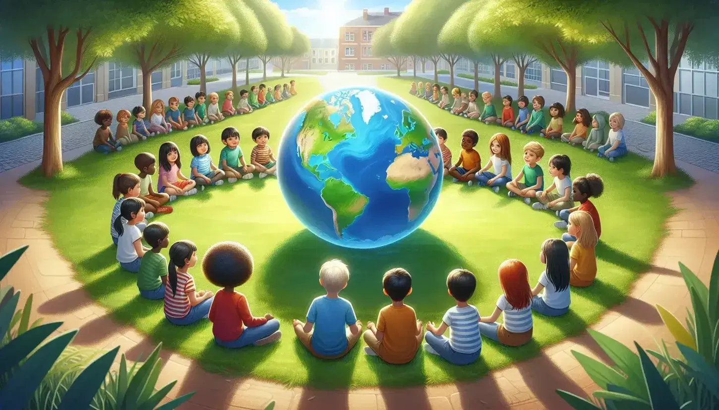 Bambini di diverse etnie seduti in cerchio su un prato con un globo colorato al centro, sotto un cielo sereno con alberi.