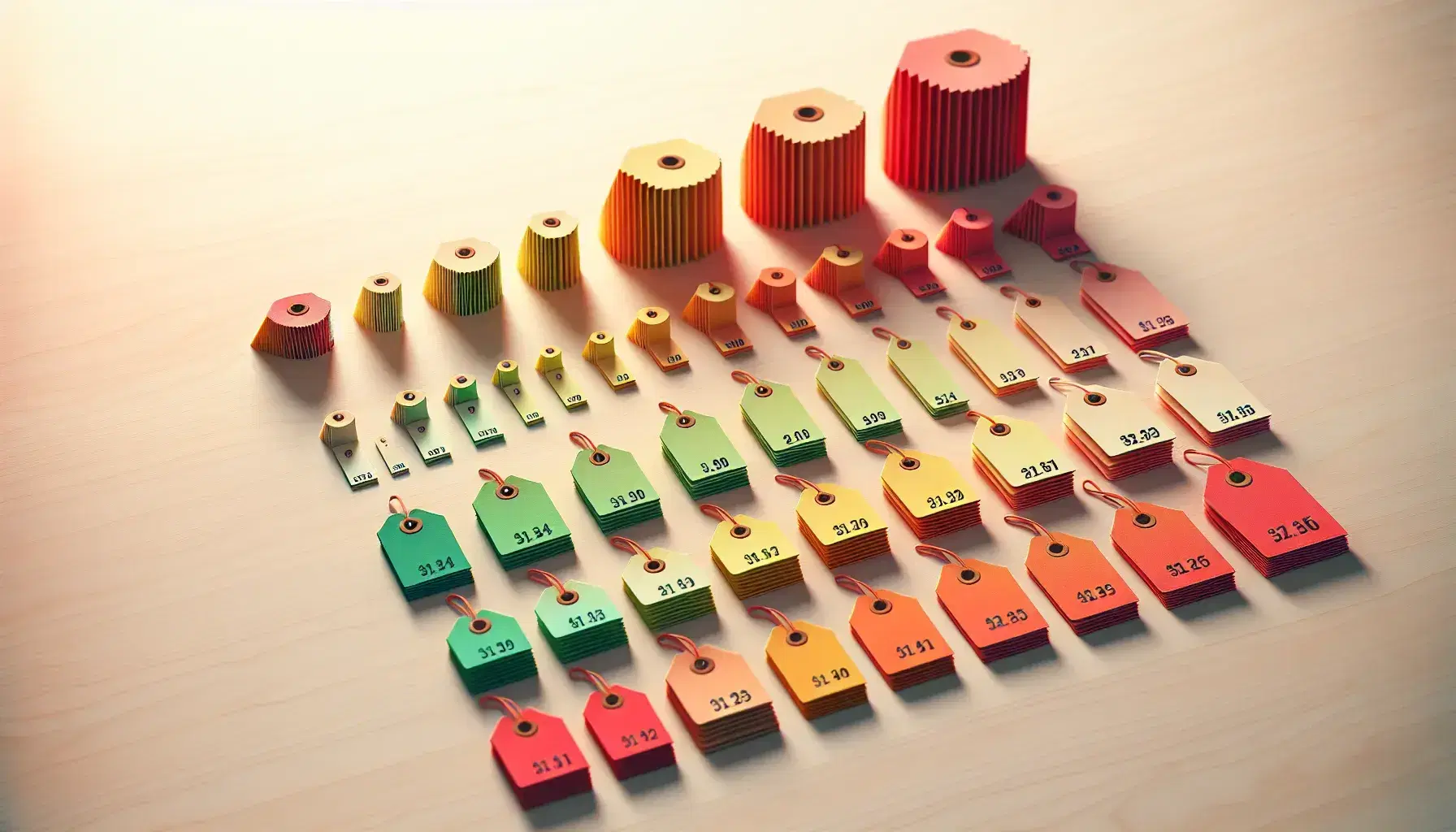 Colorful gradient price tags arranged by size on a wooden surface, transitioning from red to green, creating a visually appealing spectrum.