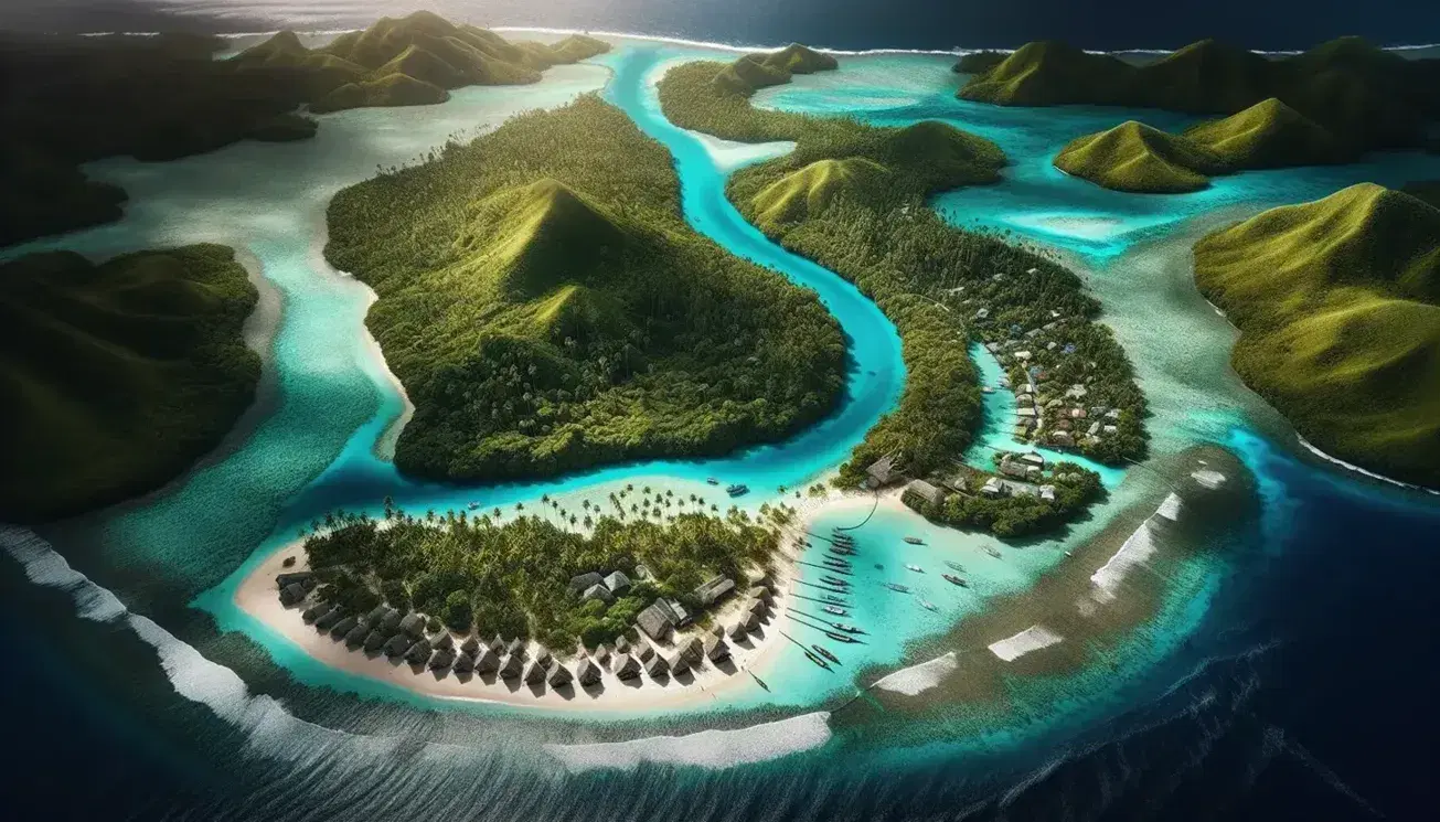 Vista aerea di un'isola dell'Oceania con foresta tropicale, spiaggia sabbiosa, capanne tradizionali, barche a canoa e villaggio moderno.
