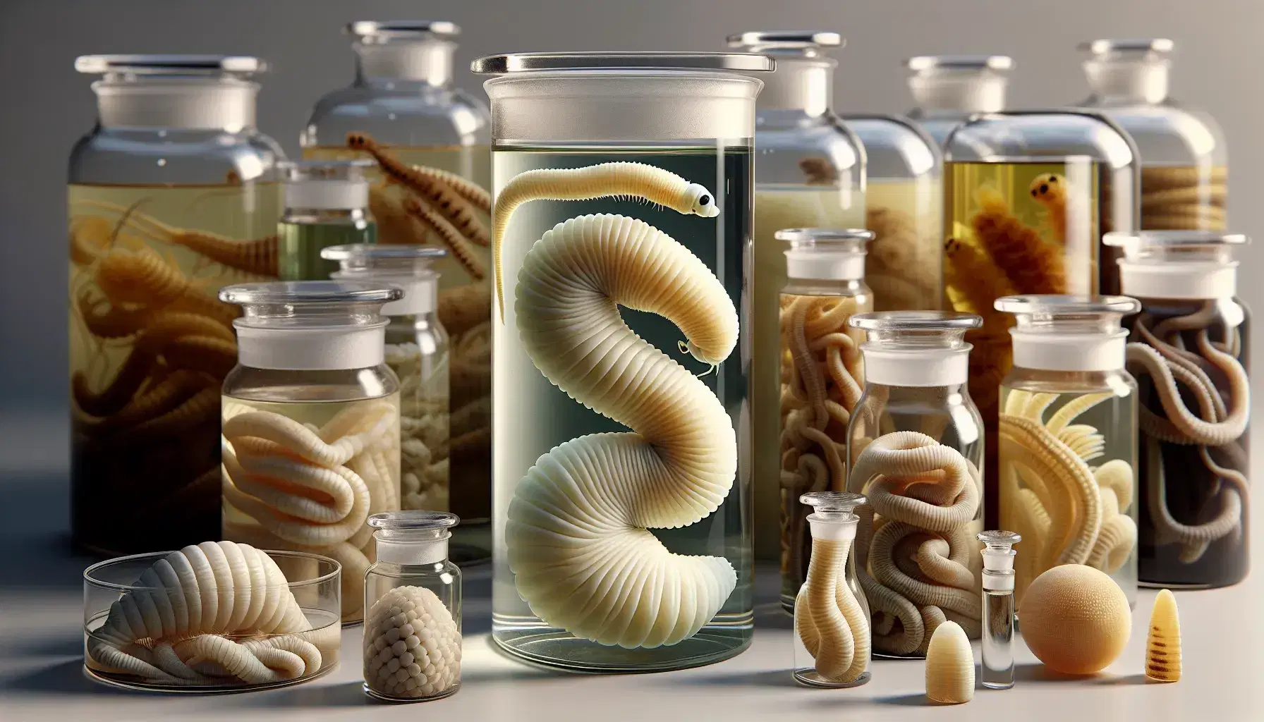Especímenes de parásitos reales conservados en frascos de vidrio, destacando un Taenia solium y varios Echinococcus granulosus en laboratorio.