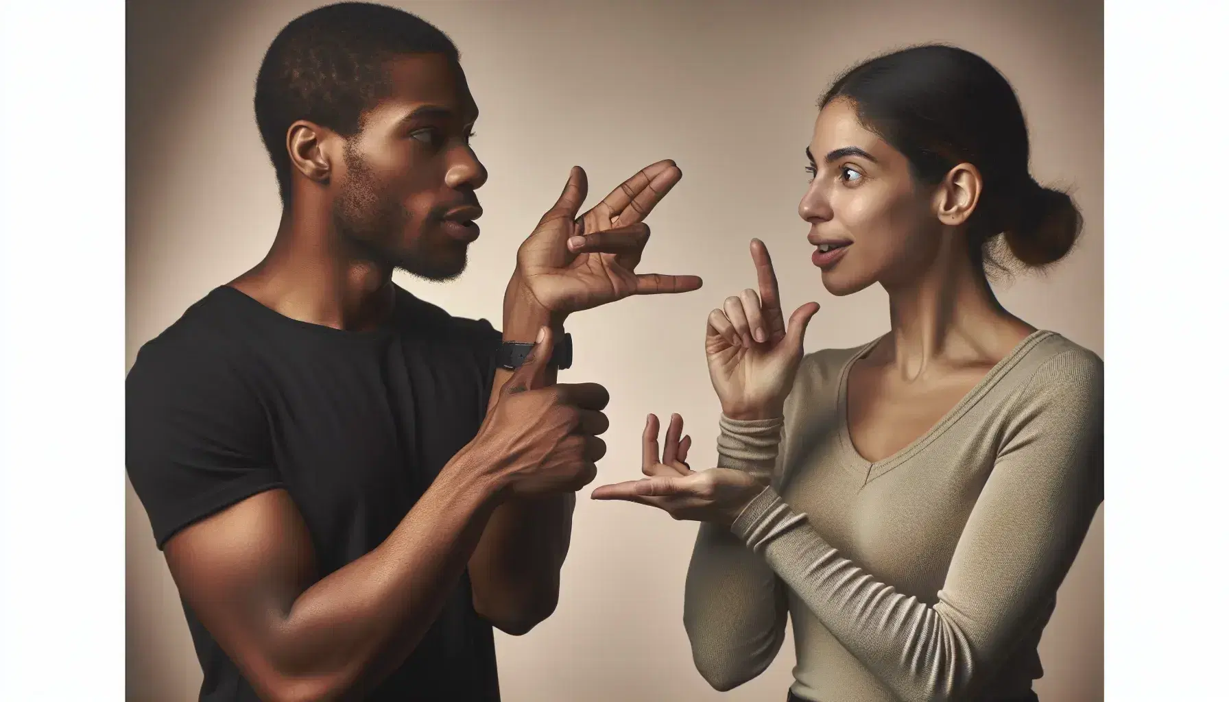 Two people engaged in British Sign Language conversation, a black man with short hair and a Hispanic woman with tied-back hair, against a soft-colored background.