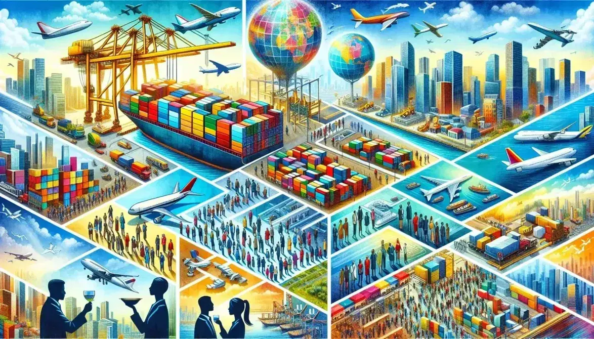Mosaico di globalizzazione con porto, aeroporto, persone diverse, grattacieli, traffico urbano e simboli di tecnologia attorno a un globo terrestre.