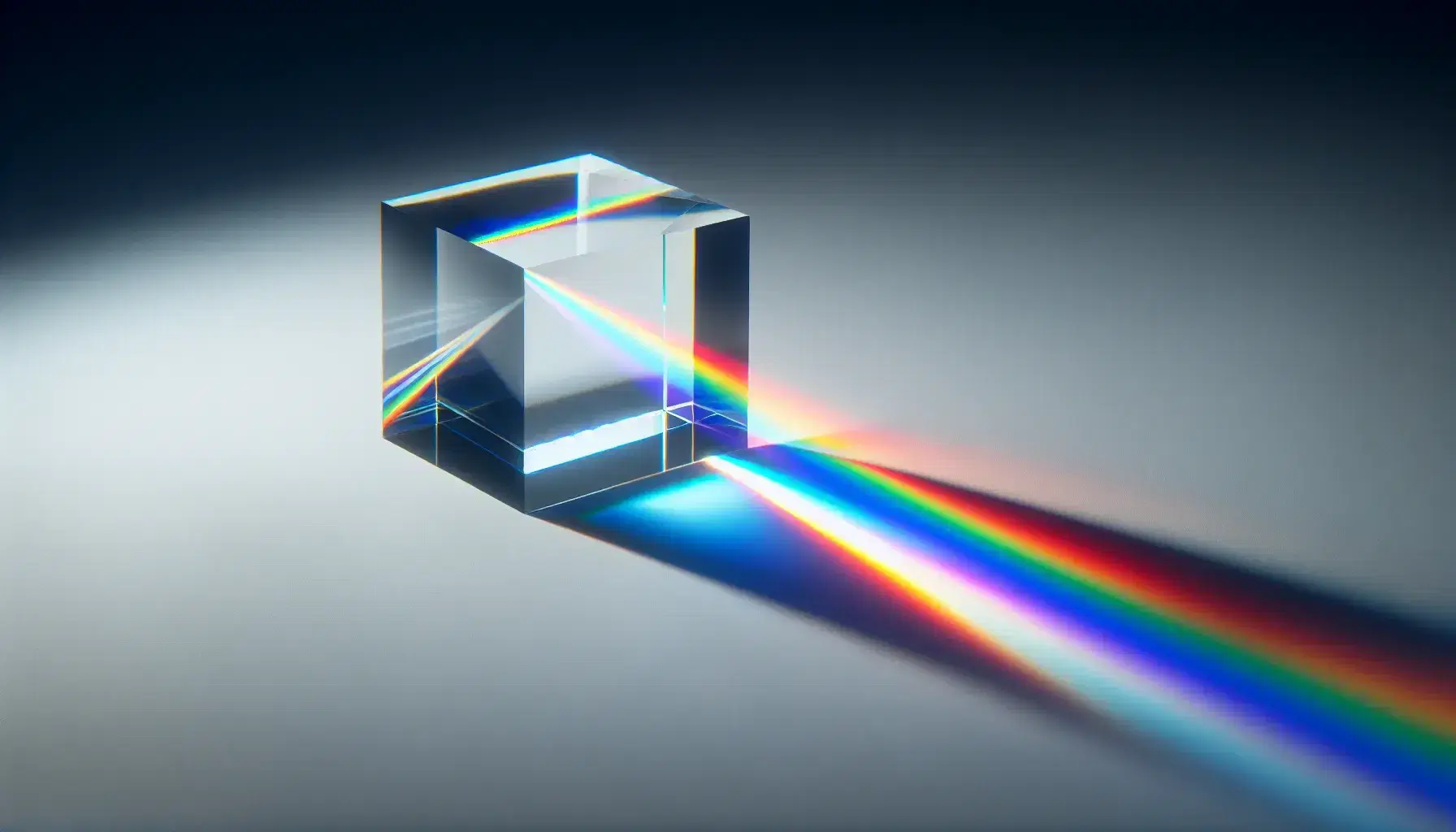 Glass prism on a white surface dispersing a beam of white light into a vivid color spectrum from red to violet against a gray background.