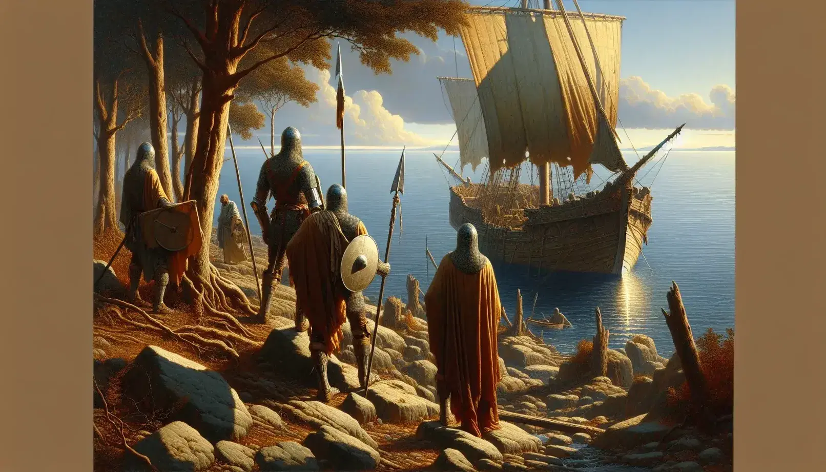 Tres guerreros en armaduras metálicas con lanzas y escudos en un terreno rocoso, con un velero de dos mástiles anclado en un mar azul y un bosque al fondo.