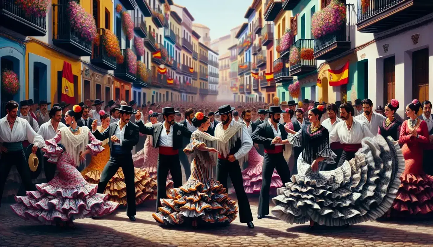 Vibrant Spanish festival scene with flamenco dancers in traditional attire performing on a cobblestone street, surrounded by onlookers and colorful buildings.