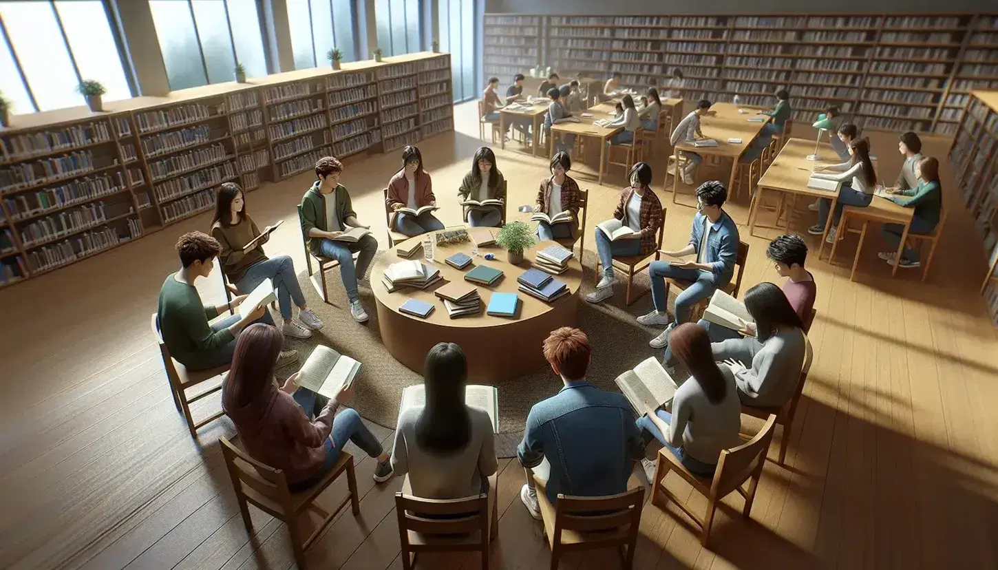Estudiantes concentrados en sesión de estudio grupal en biblioteca, con libros y papeles sobre mesa redonda, rodeados de estanterías y luz natural.