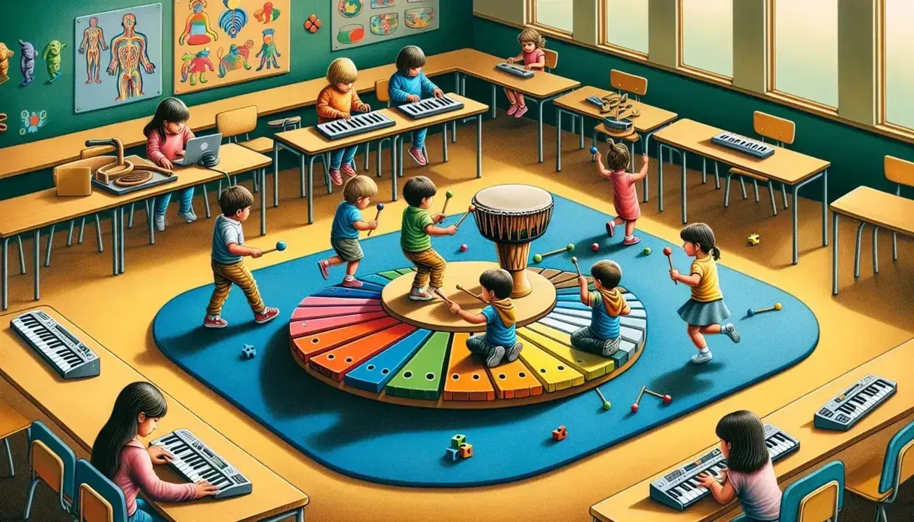 Children in class engaged in different activities: playing instruments, balancing on the beam, puzzles, painting and listening to a story.