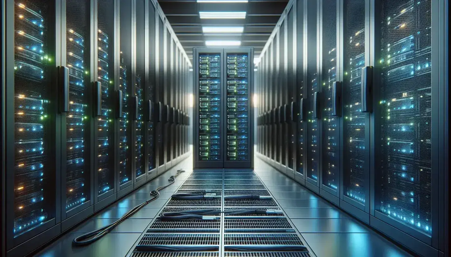 Modern data center with racks of servers illuminated by blue and green LEDs, symmetrical rows of cabinets and raised grating floor.