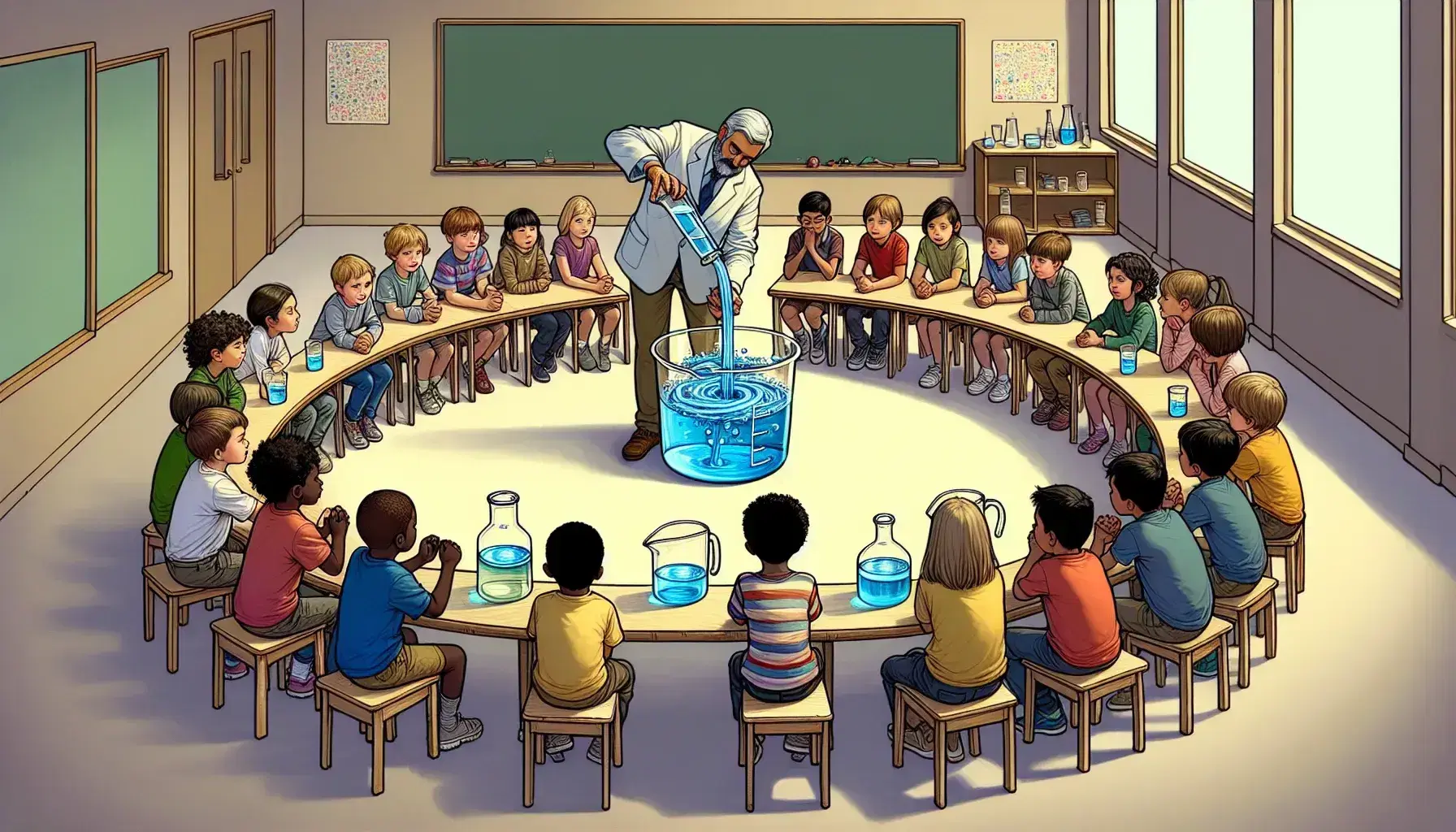 Children of different ethnicities observe a science experiment while an adult pours a colorless liquid into a container with blue liquid.