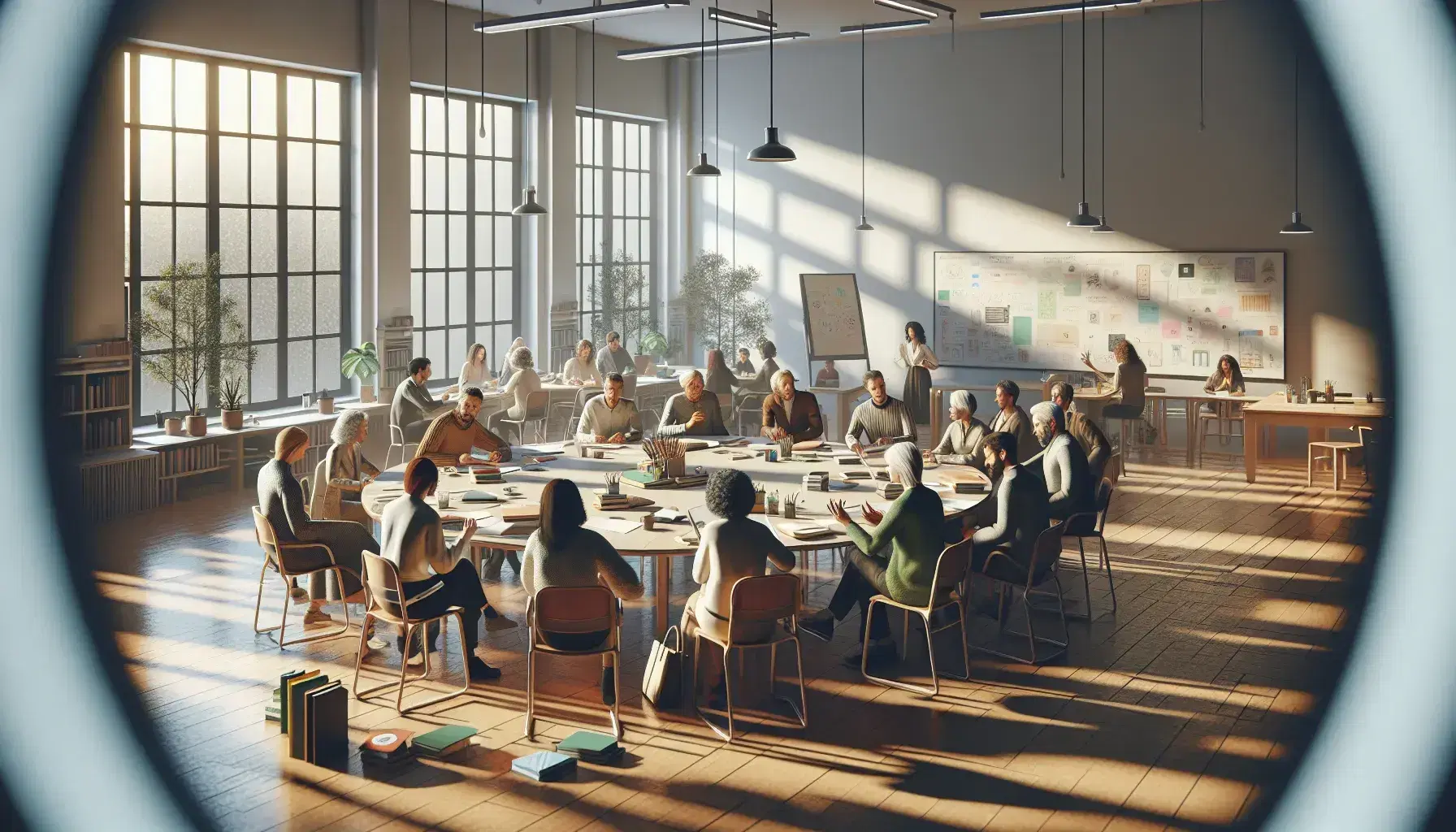 Aula amplia y luminosa con adultos en sesión de trabajo colaborativo alrededor de una mesa redonda, con papeles y libros sobre ella y pizarra con marcadores al fondo.