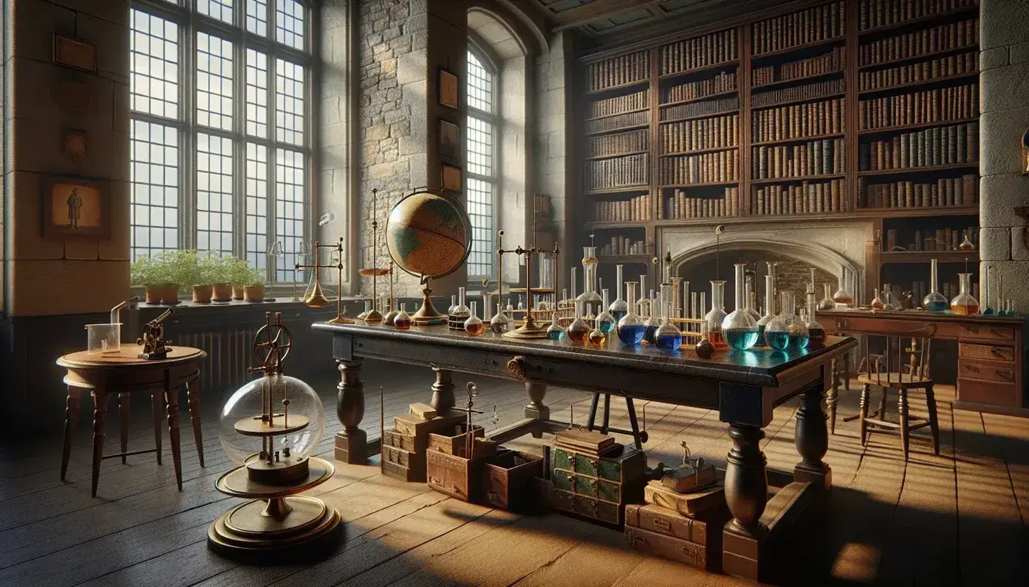 Laboratorio scientifico del XIX secolo con tavolo in legno, microscopi, bilance, provette colorate, bruciatore a gas e scaffali con libri antichi.