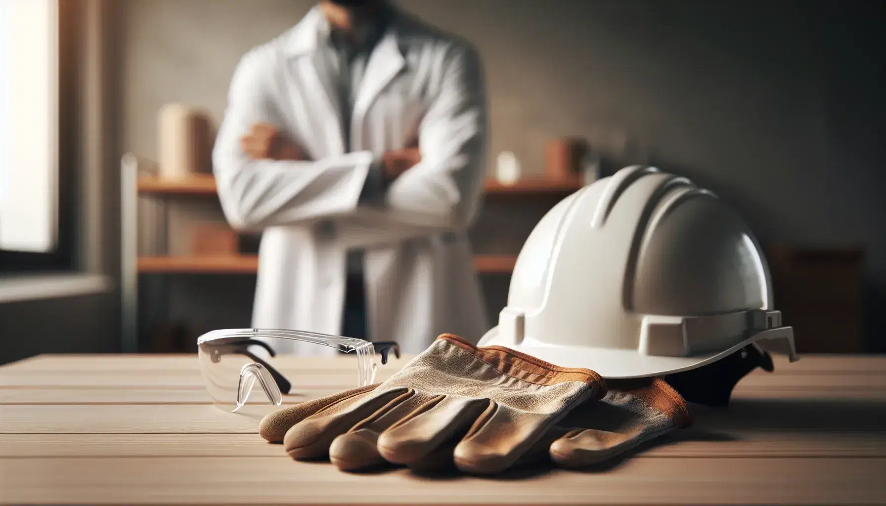 Casco de seguridad blanco sobre mesa de madera con guantes de trabajo y gafas de protección, figura borrosa de persona con bata al fondo.