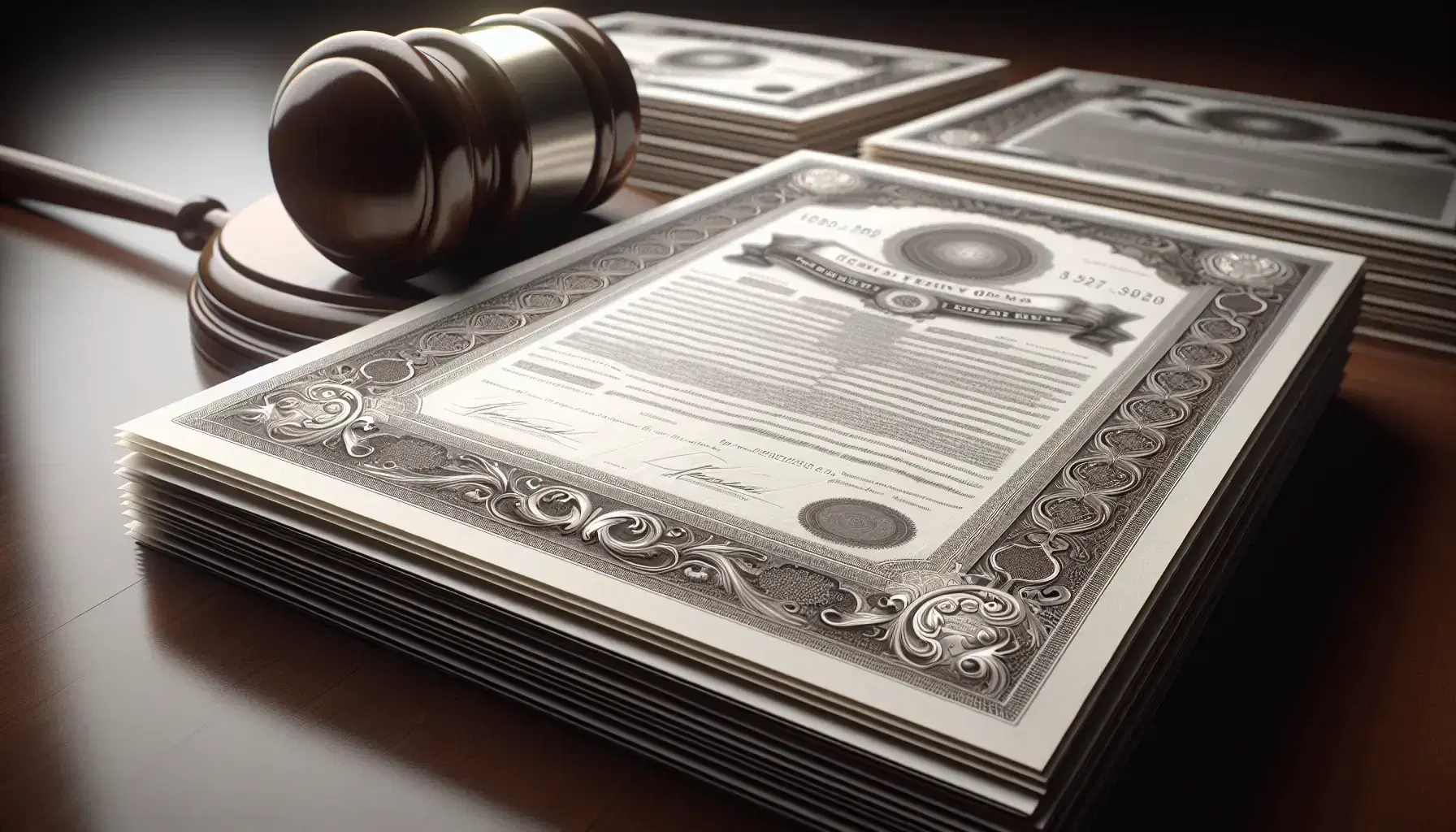 Stacked treasury bonds with intricate silver scrollwork on a desk, a gavel in the soft-focus background, conveying a financial or auction setting.