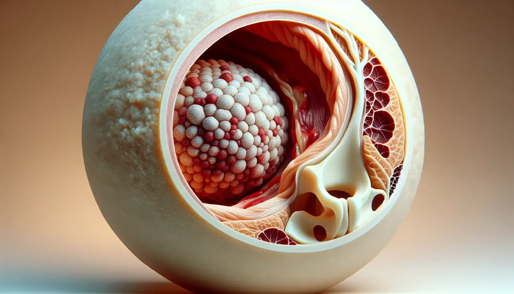 Modelo anatómico detallado del abdomen humano mostrando una hernia en la pared abdominal con músculos subyacentes y sección del hueso pélvico.