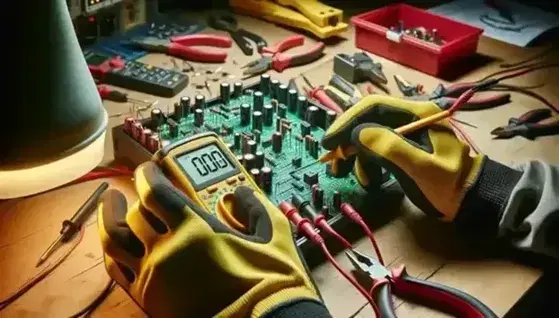 Manos con guantes aislantes amarillos manipulan multímetro digital en circuito eléctrico con herramientas y casco de seguridad al fondo.