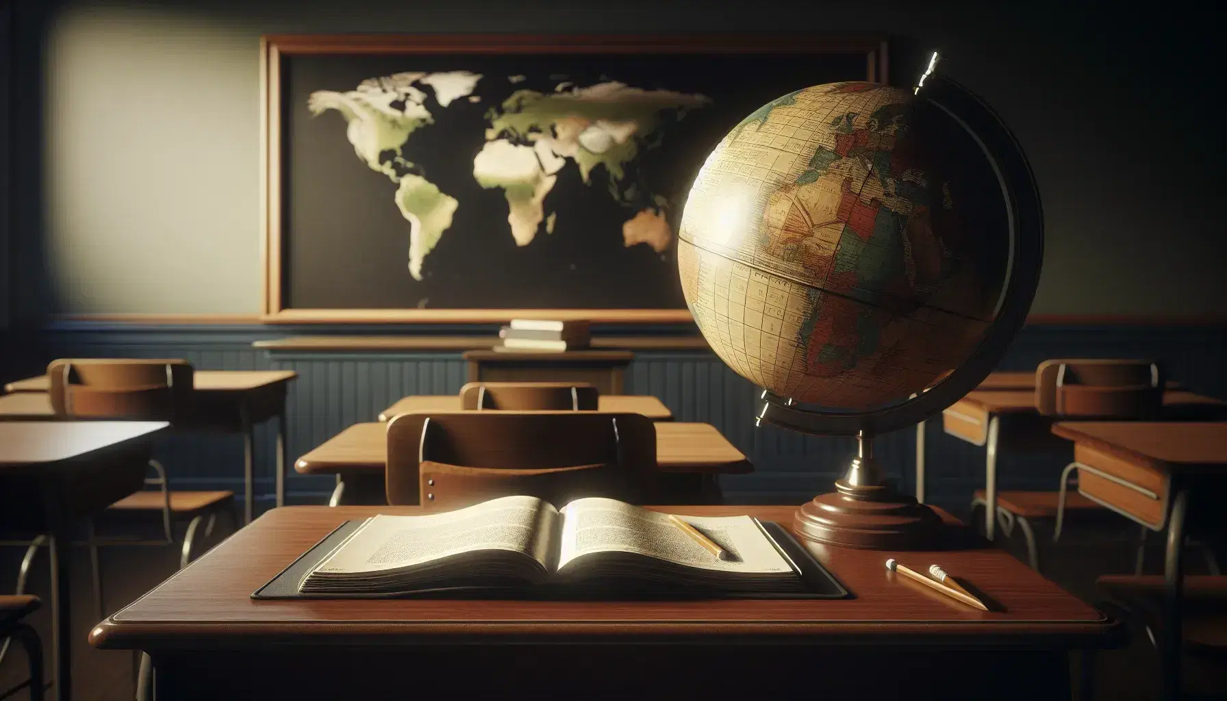 Classroom with teacher's desk, open textbook, globe centered on Spain, blank chalkboard, and rows of student desks with notebooks and pencils.