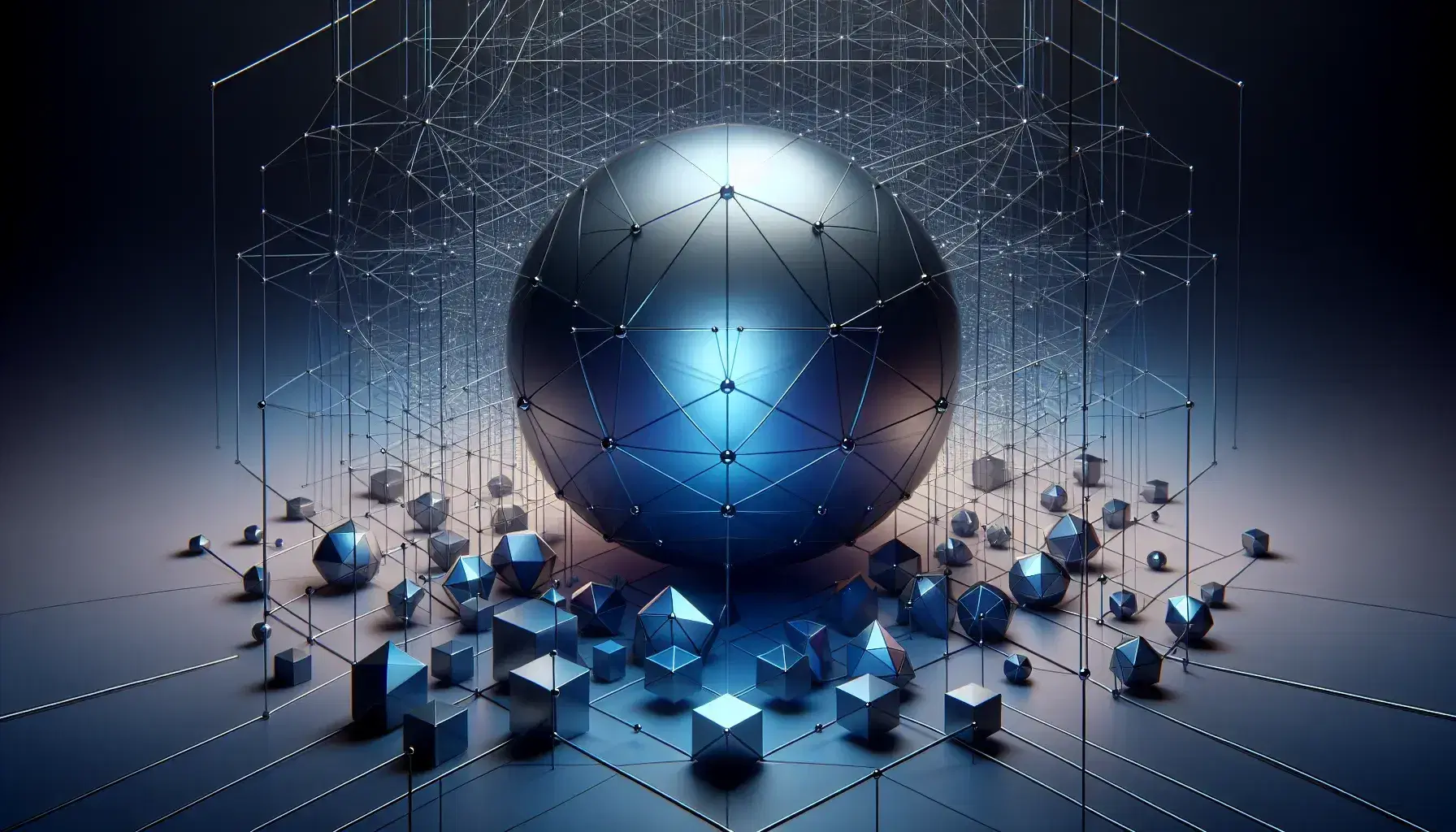 3D geometric shapes with a reflective central sphere, translucent polyhedrons, and a metallic rod, set against a gradient gray background.
