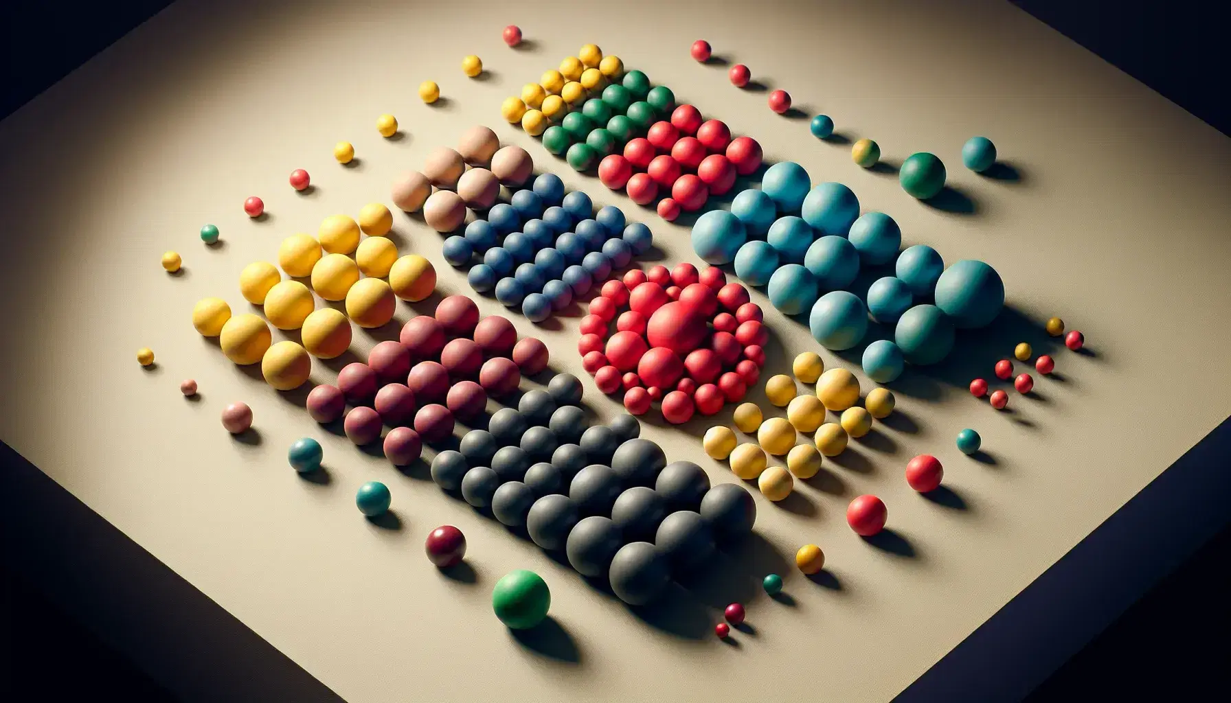 Colorful rubber balls arranged in clusters on a flat surface, with red, blue, mixed green and yellow, and a solitary purple ball, in soft lighting.