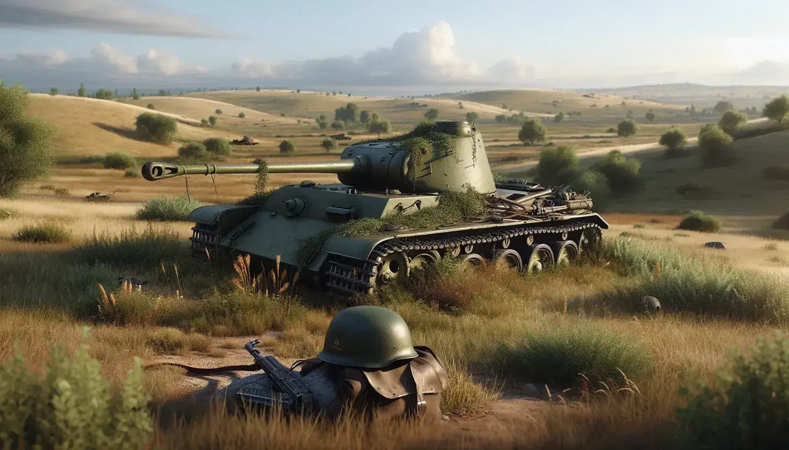 Campo abierto con tanque militar abandonado y casco, rodeado de vegetación, bajo un cielo azul con colinas al fondo.