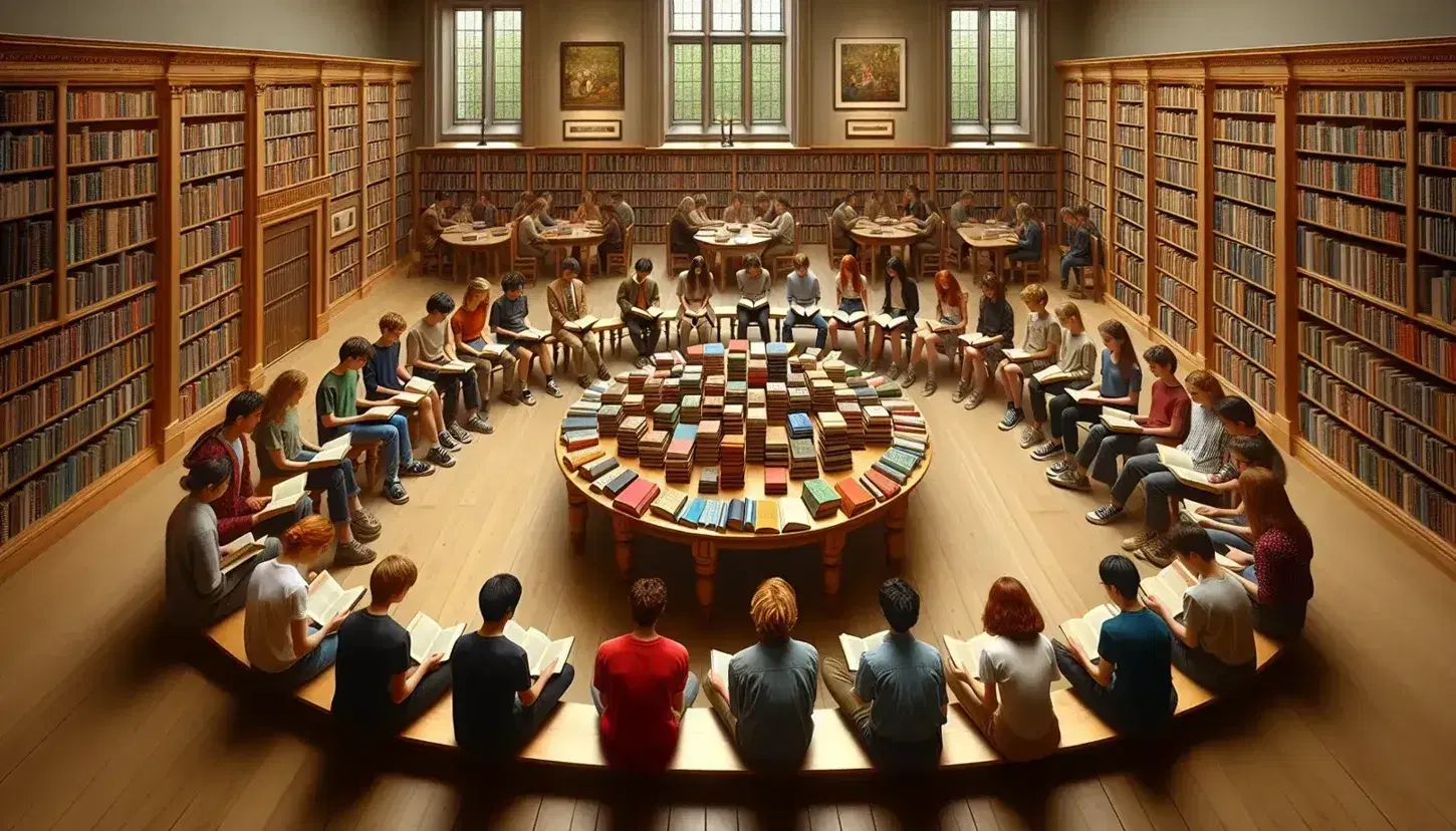 Grupo de estudiantes leyendo libros sentados en semicírculo en una biblioteca con estantes llenos y luz natural.
