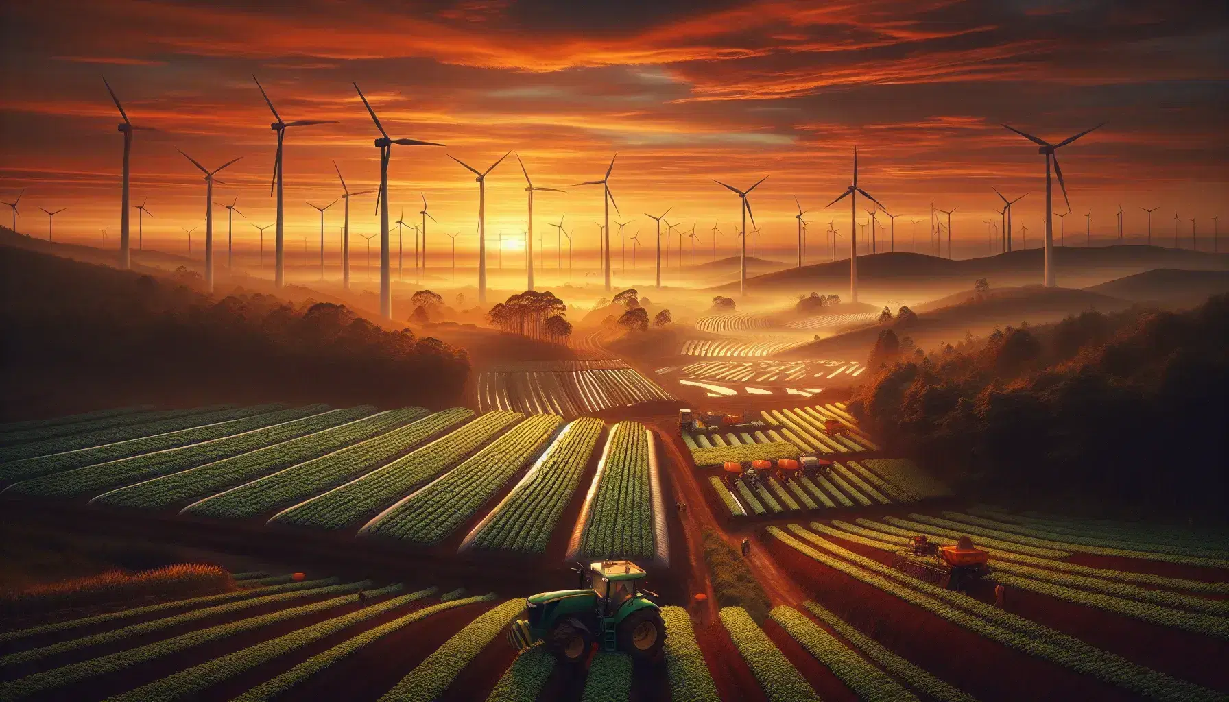 Paesaggio rurale al tramonto con coltivazioni verdi, macchinari agricoli, turbine eoliche e colline in lontananza.