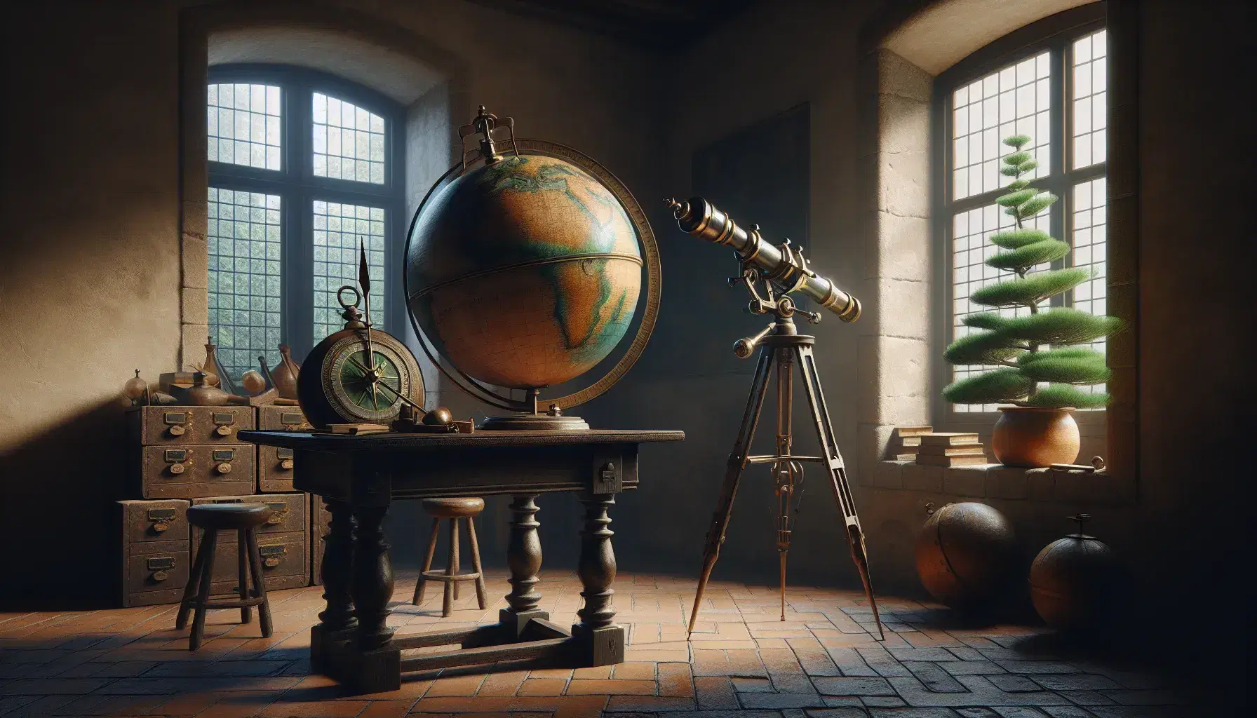 Scena di aula antica con globo terrestre, compasso, telescopio astronomico, pianta di pino e statuetta di cervello in bronzo.
