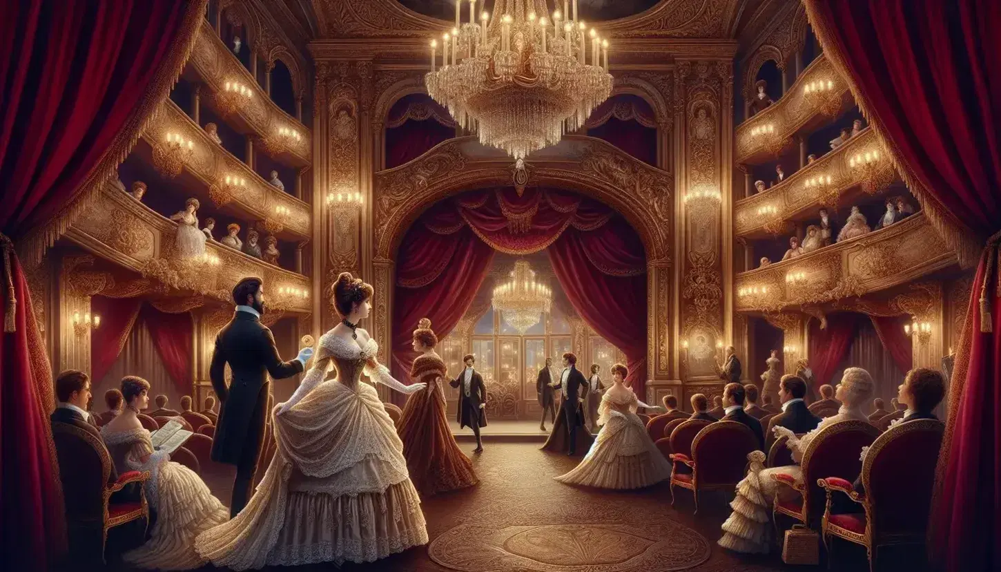 Scena teatrale d'epoca con donna in abito bianco e uomo in frac che invita a danzare, circondati da personaggi in costume, sotto luce calda di candelabri.