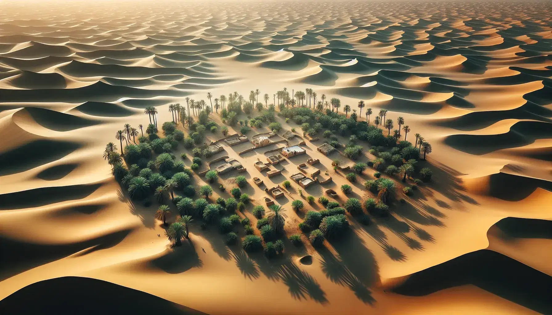 Vista aerea di un'oasi verde con palme e abitazioni tra le dune del deserto del Sahara sotto un cielo azzurro.