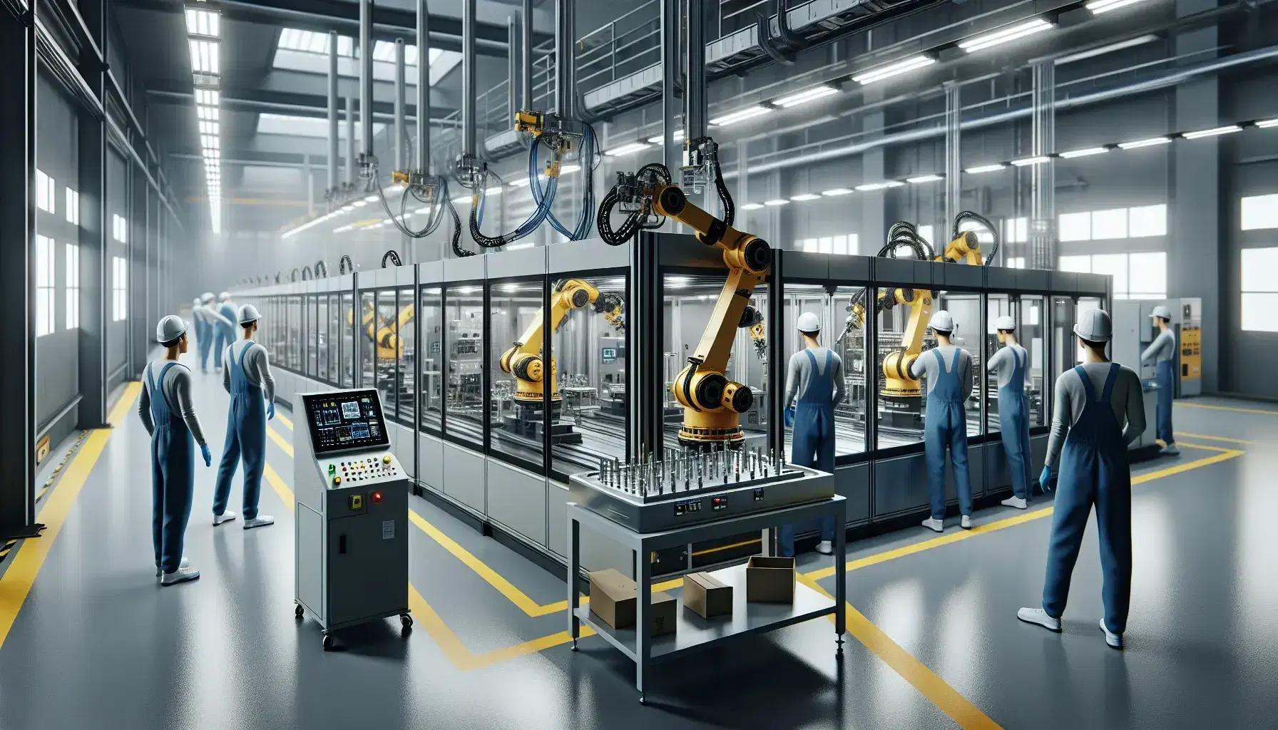Fábrica moderna con máquinas metálicas y brazos robóticos amarillos manipulando piezas, trabajadores con cascos y overoles al fondo.