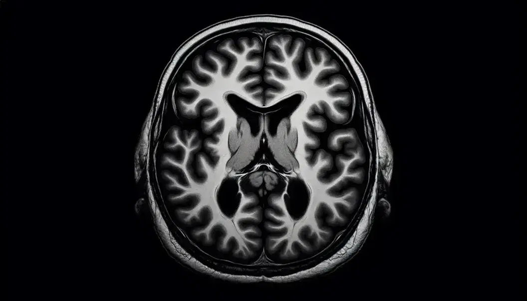 Resonancia magnética cerebral en corte transversal mostrando la anatomía interna con diferencias de tonalidades grises y contorno del cráneo en fondo negro.