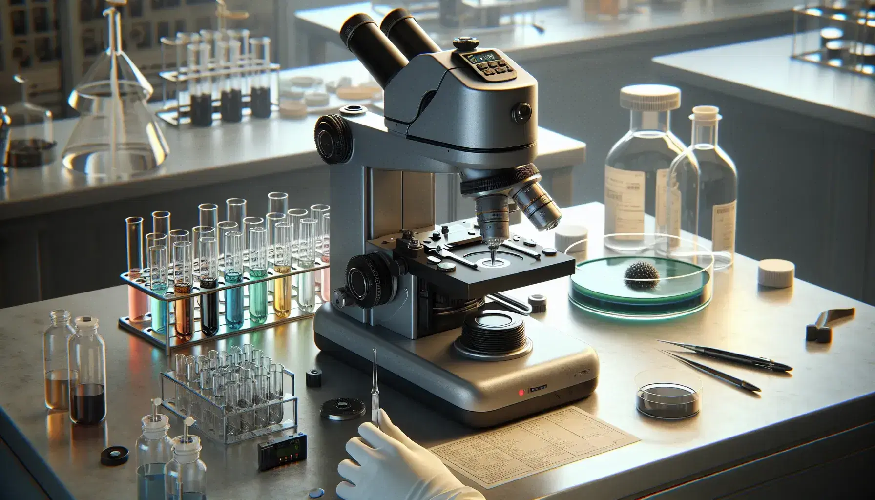 Laboratorio scientifico con microscopio elettronico grigio, provette colorate, pipetta in mano guantata e becher con soluzione trasparente.